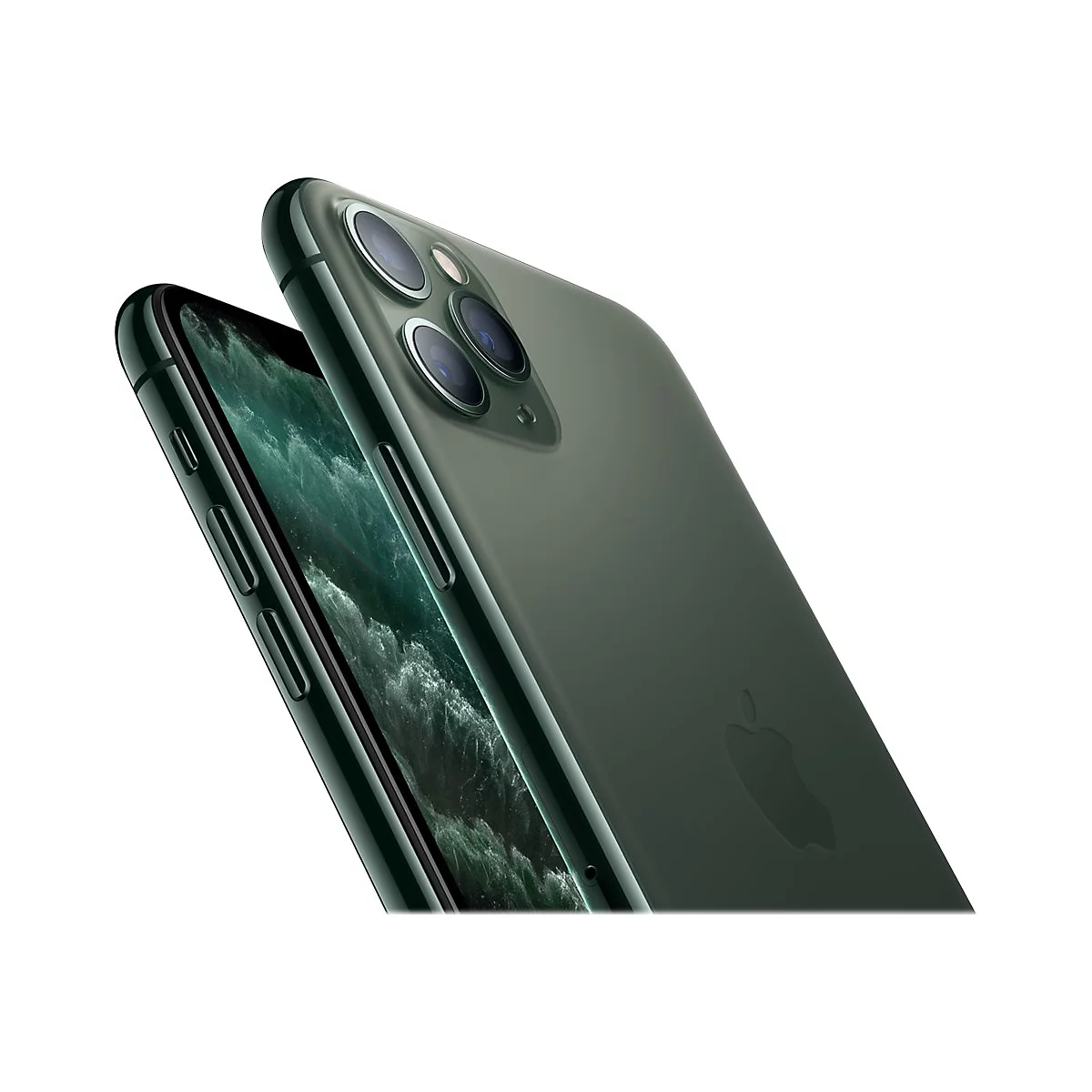 Zwei olivgrüne iPhones, leicht schräg. Das Haupttelefon zeigt das Display mit Wellenmustern. Drei Kameras auf der Rückseite.