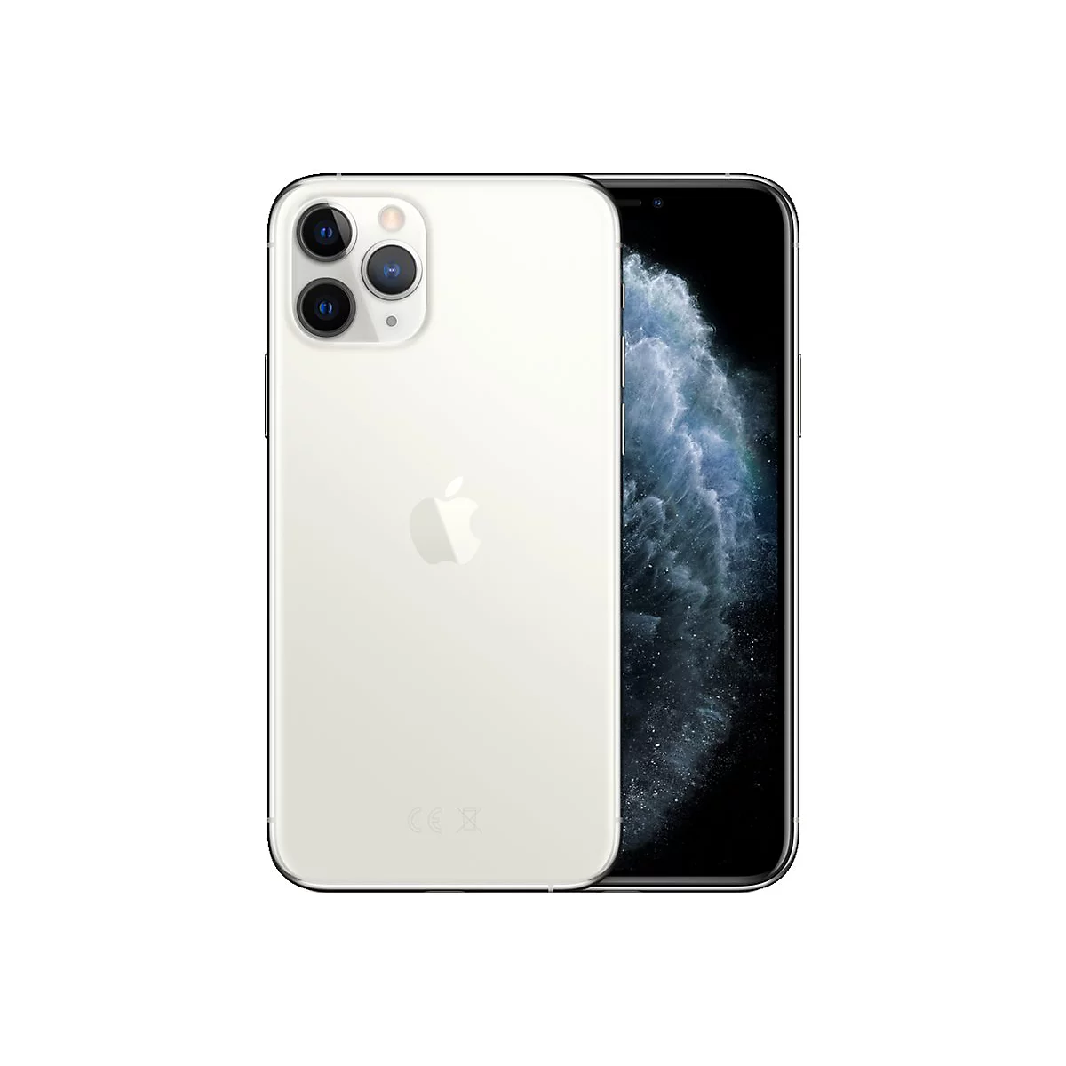 Weißes iPhone 11 Pro, Rückseite, schwarzer Bildschirm, drei Kameraobjektive.