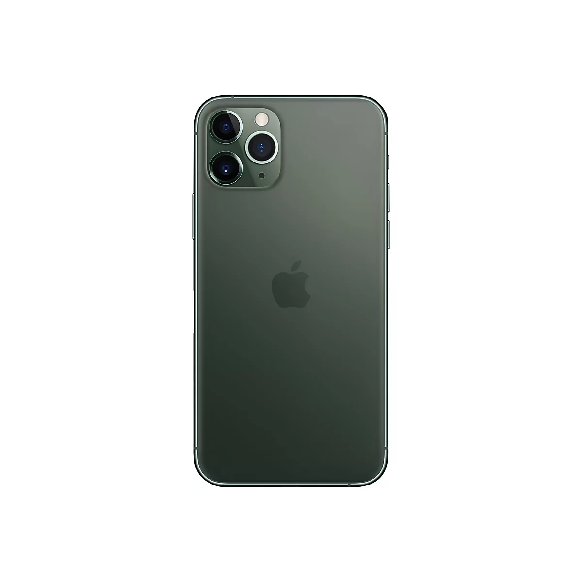 Rückseite eines dunkelgrünen iPhones mit drei Kameras, dem Apple-Logo und einem weißen Hintergrund.