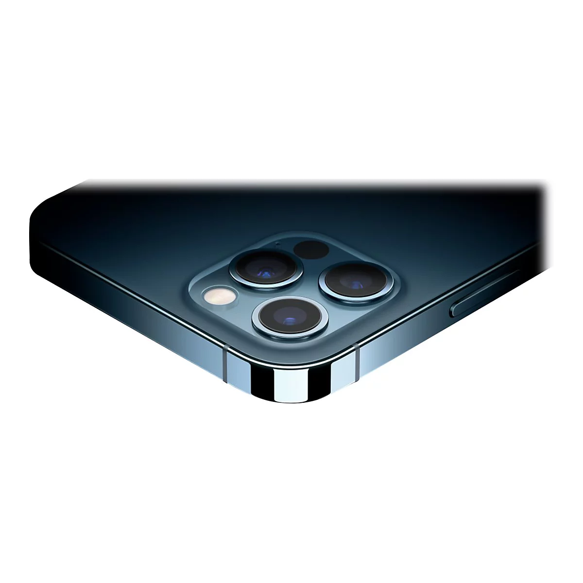 Nahaufnahme eines blauen iPhones mit drei Kameras, Blitzlicht und abgerundeten Ecken.