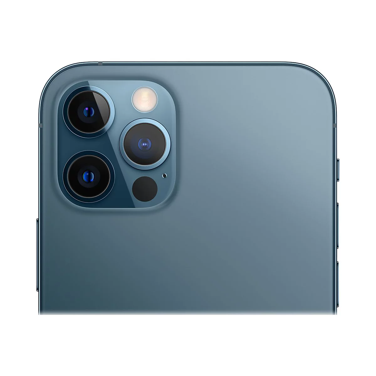 Nahaufnahme der Rückseite eines blauen Smartphones mit drei Kameras und einem Blitz.