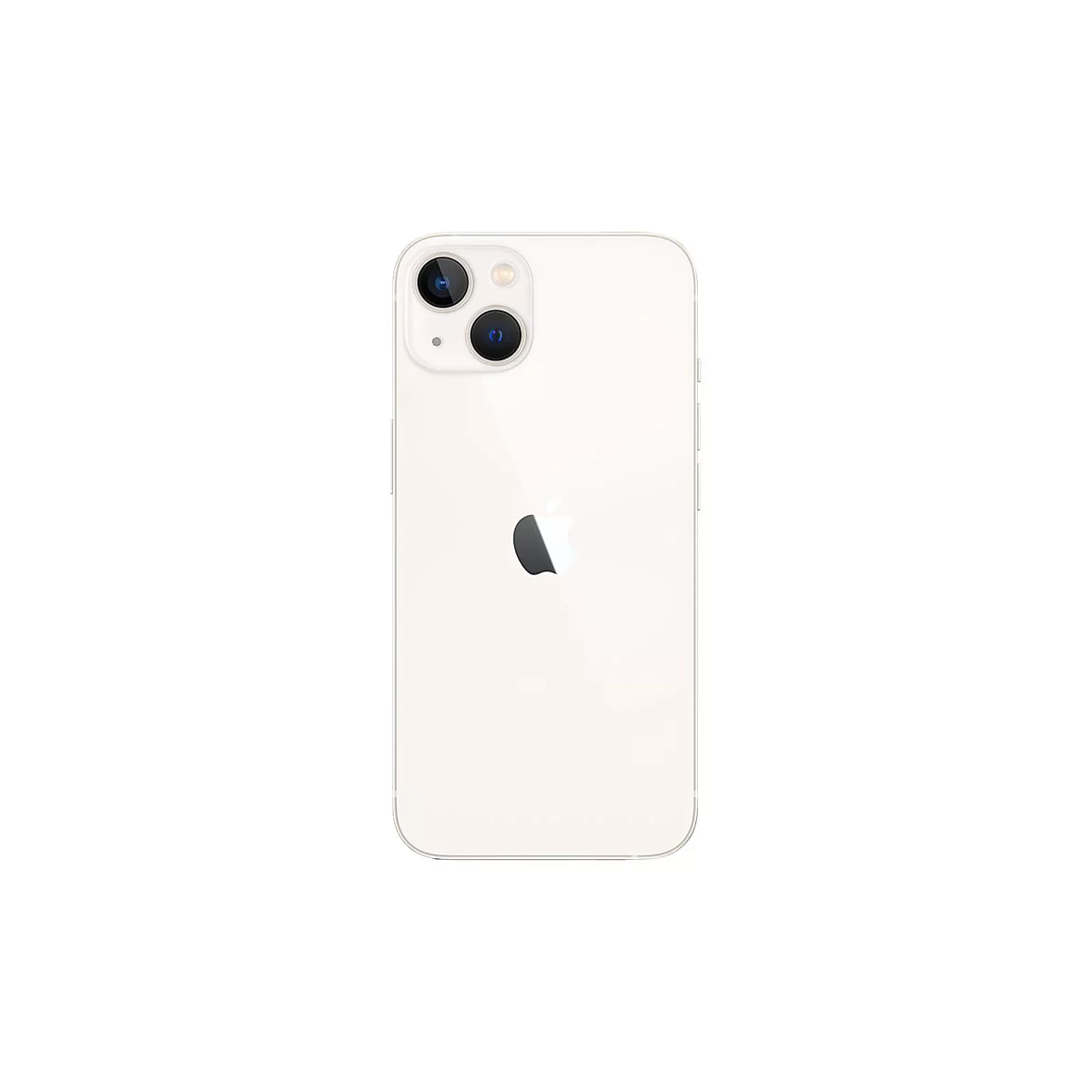 Hellbeiges iPhone 13 von hinten, mit Kamera und Apfel-Logo.
