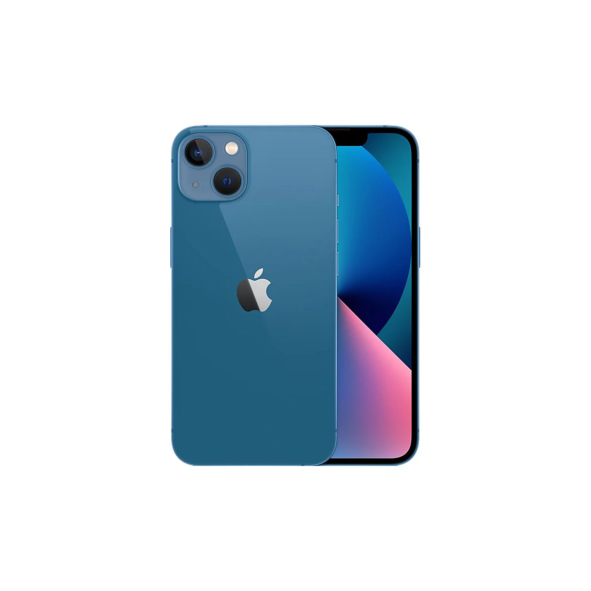Blaues iPhone 13, Rückseite mit Apple-Logo und Kamera, Displayansicht.