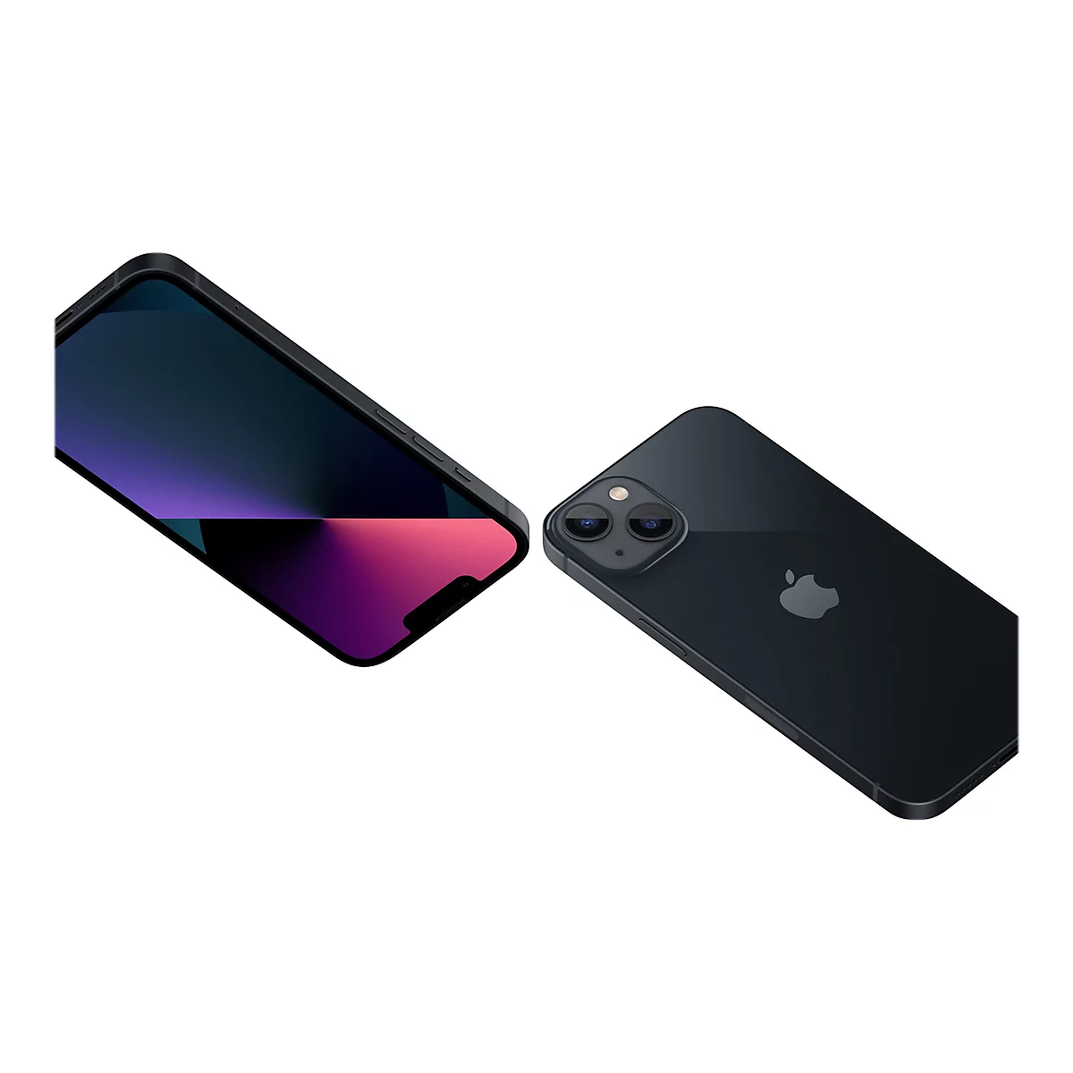 Zwei schwarze iPhones, eines mit Bildschirm, das andere mit Rückseite und Apfellogo, auf weißem Hintergrund.