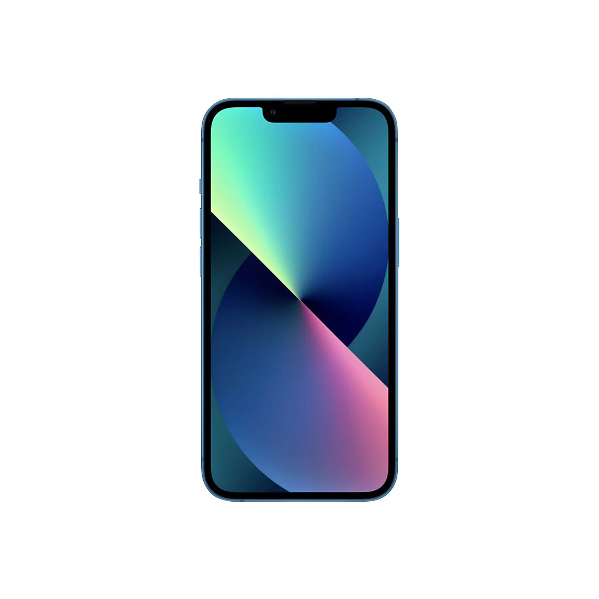 Blaues iPhone 13, das frontal vor weißem Hintergrund dargestellt wird. Das Display zeigt ein abstraktes, farbenfrohes Design.
