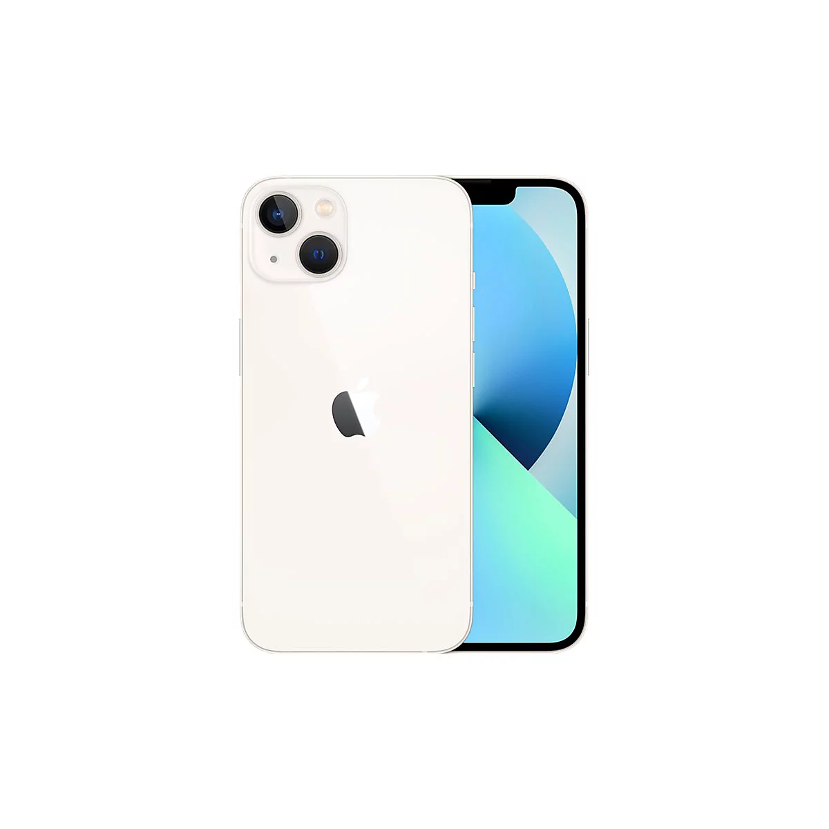 Hellweißes iPhone 13, Rückseite und Bildschirmseite, Apfel-Logo.