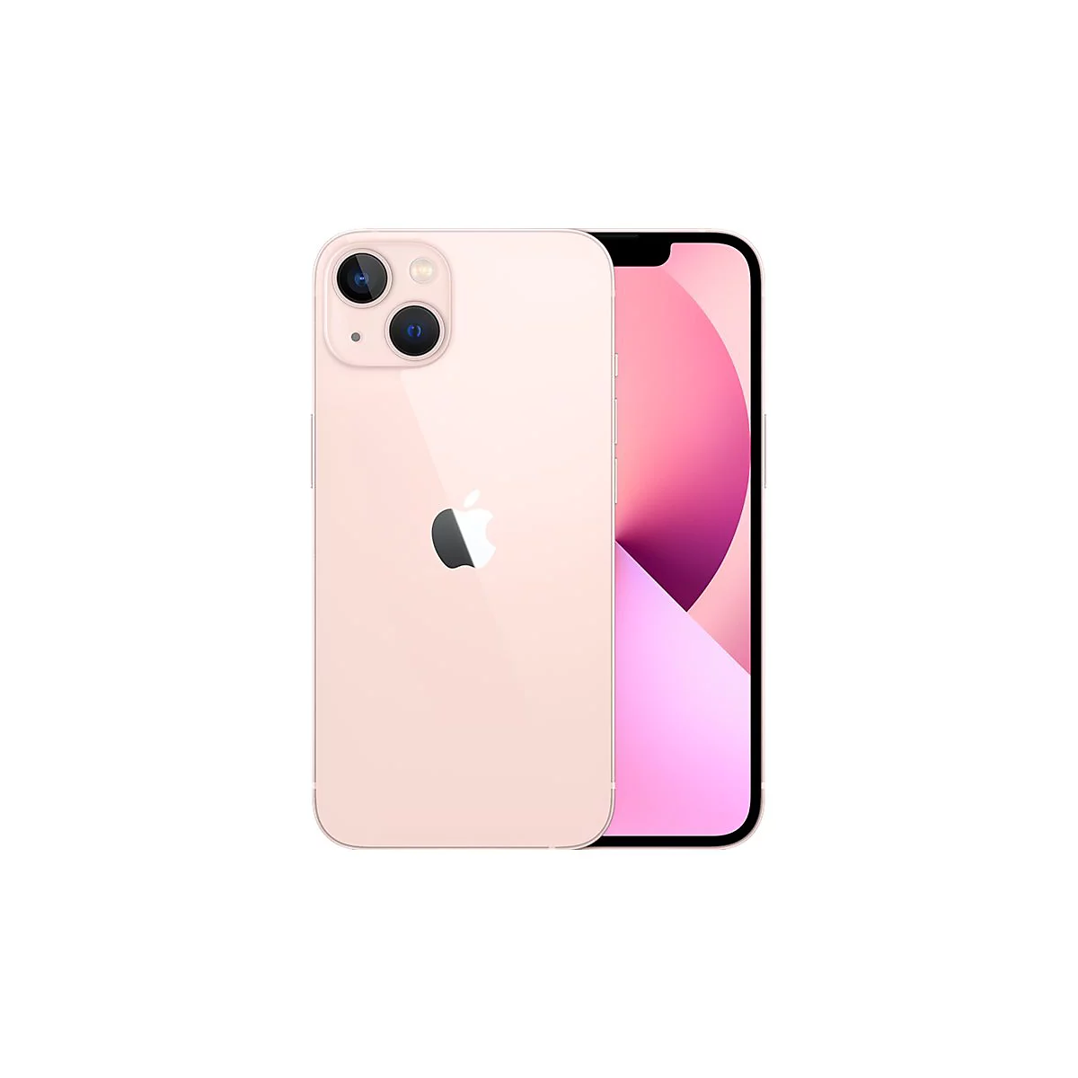 Hellrosa iPhone 13; Rückseite mit zwei Kameras, Apfel-Logo; Bildschirm mit pinkem Verlauf.