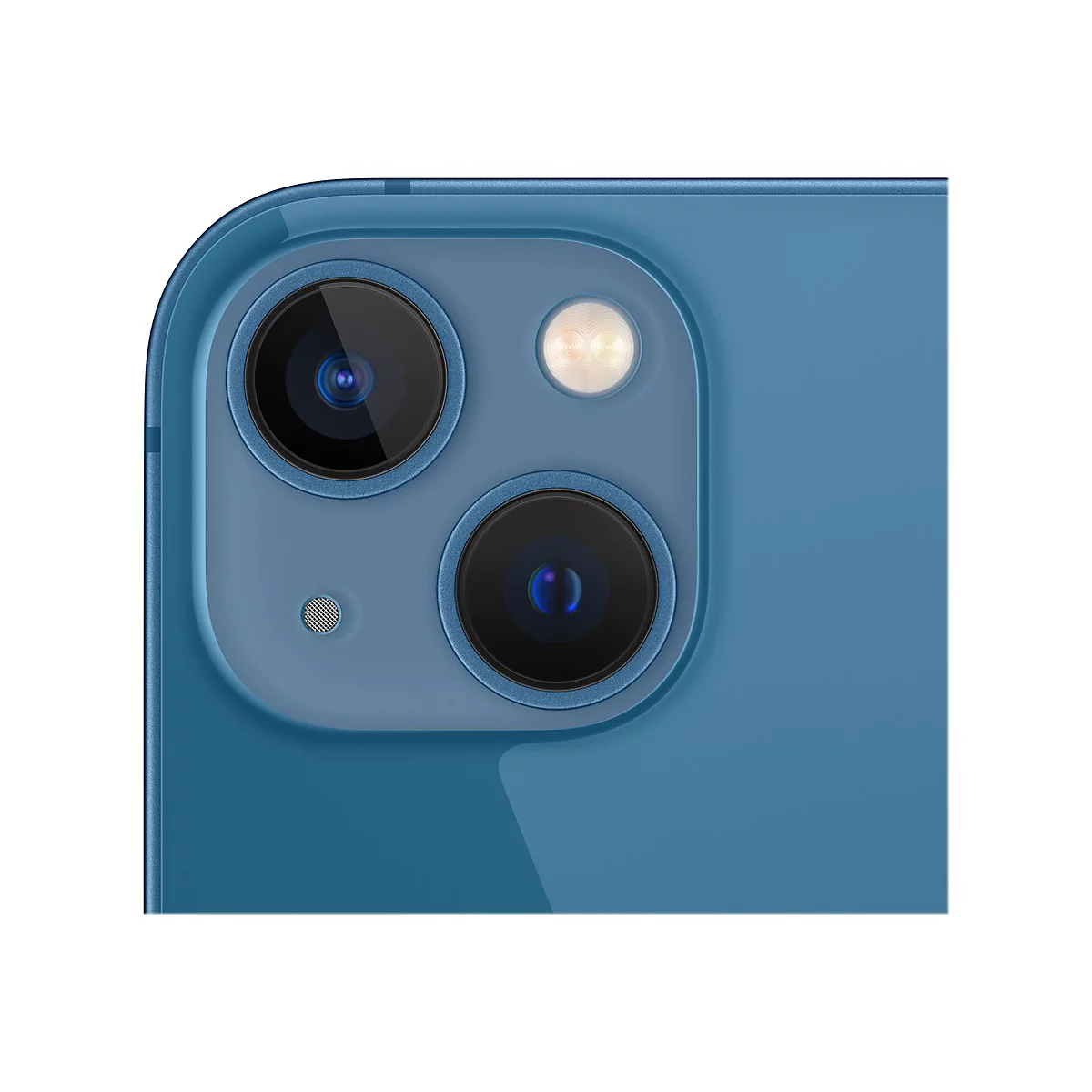 Nahaufnahme der RÃ¼ckseite eines blauen Smartphones mit Kameraobjektiven, Blitz und Mikrofon.