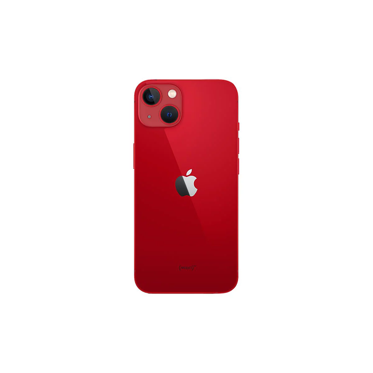 Rotes iPhone 13 mit Doppelkamera und Apple Logo auf weißem Hintergrund.
