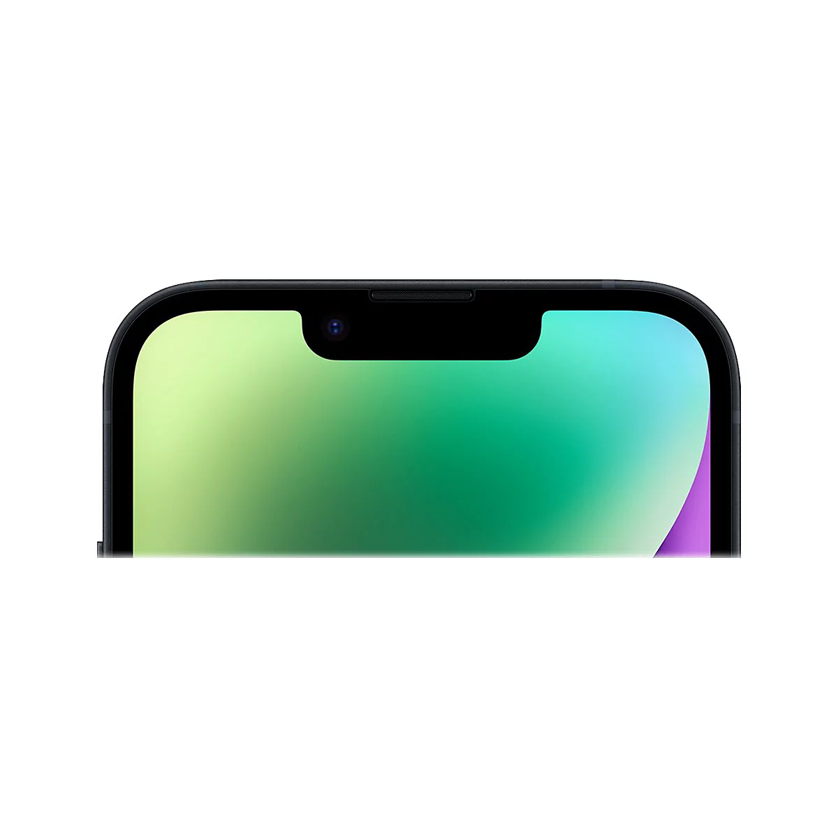 Nahaufnahme eines schwarzen Smartphones mit grün-blauem Bildschirm vor weißem Hintergrund. Obere Kamera und Sensor erkennbar.