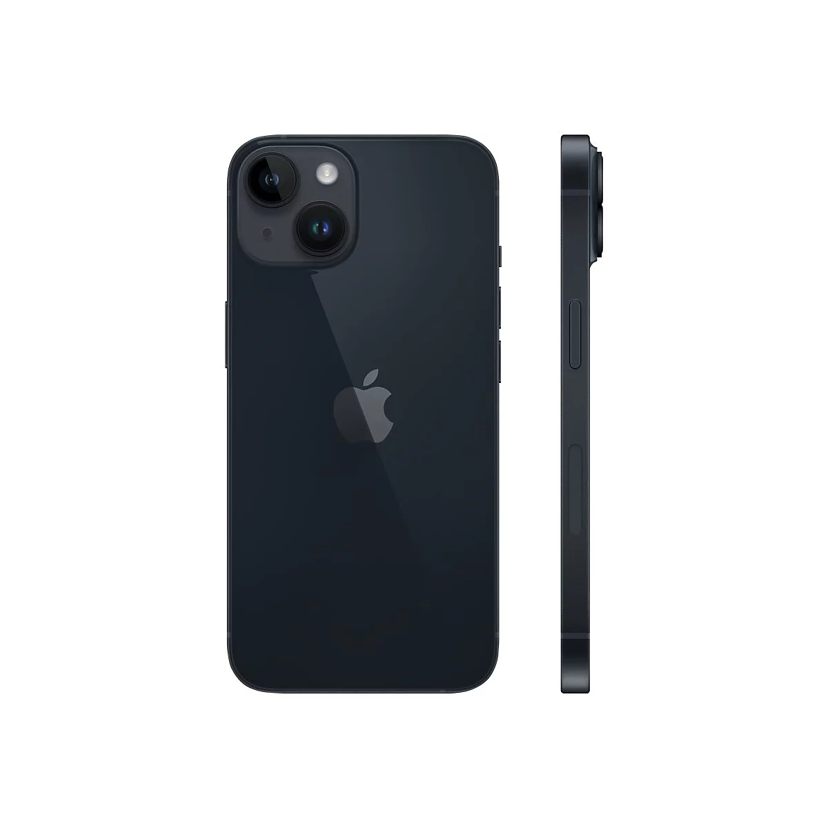 Dunkelblaues Smartphone, Rückseite und Seite, mit Kameraobjektiven und Apple-Logo.