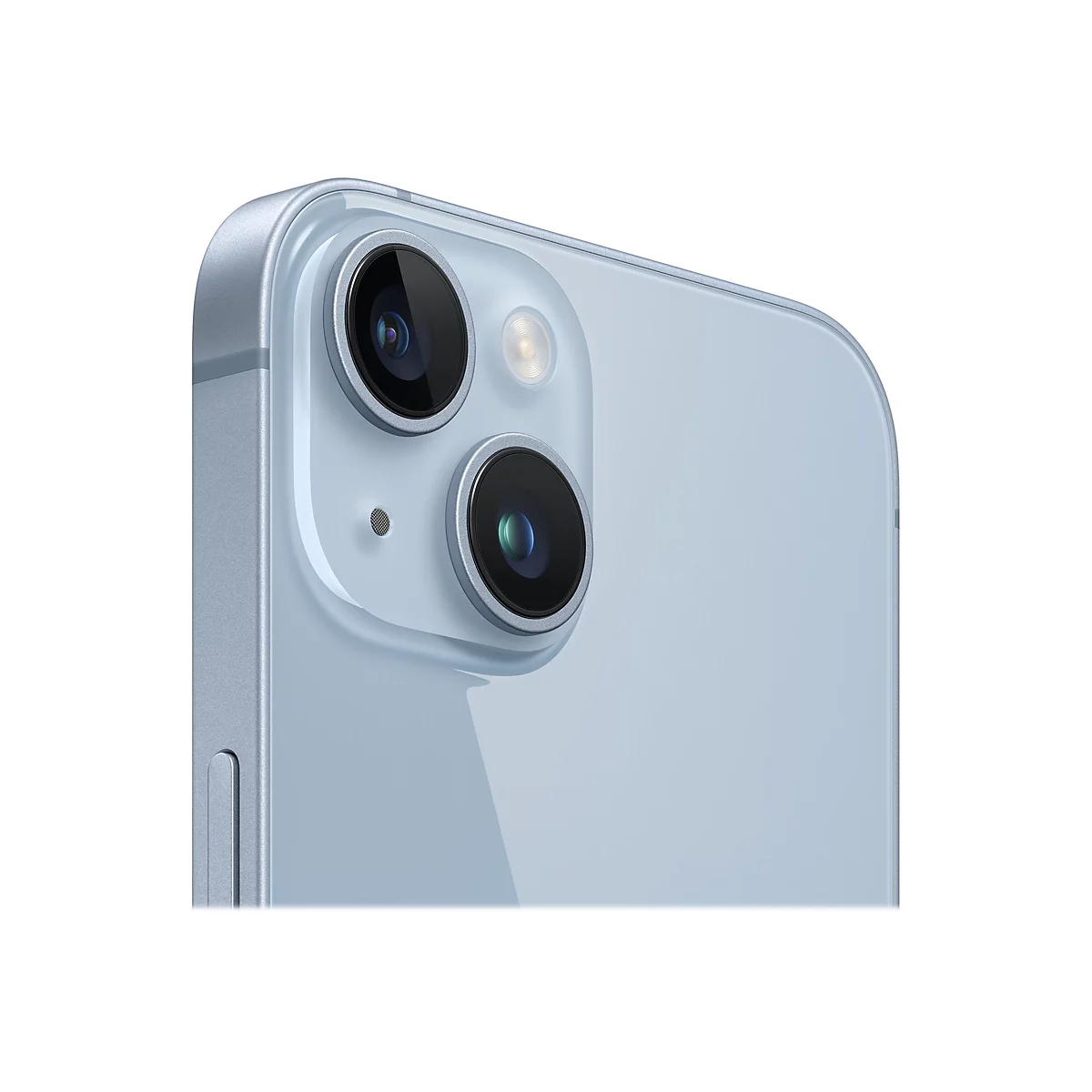 Nahaufnahme eines hellblauen Smartphones, Fokus auf die Kameramodule. Zwei schwarze Linsen, eine danebenliegende Blitzleuchte.