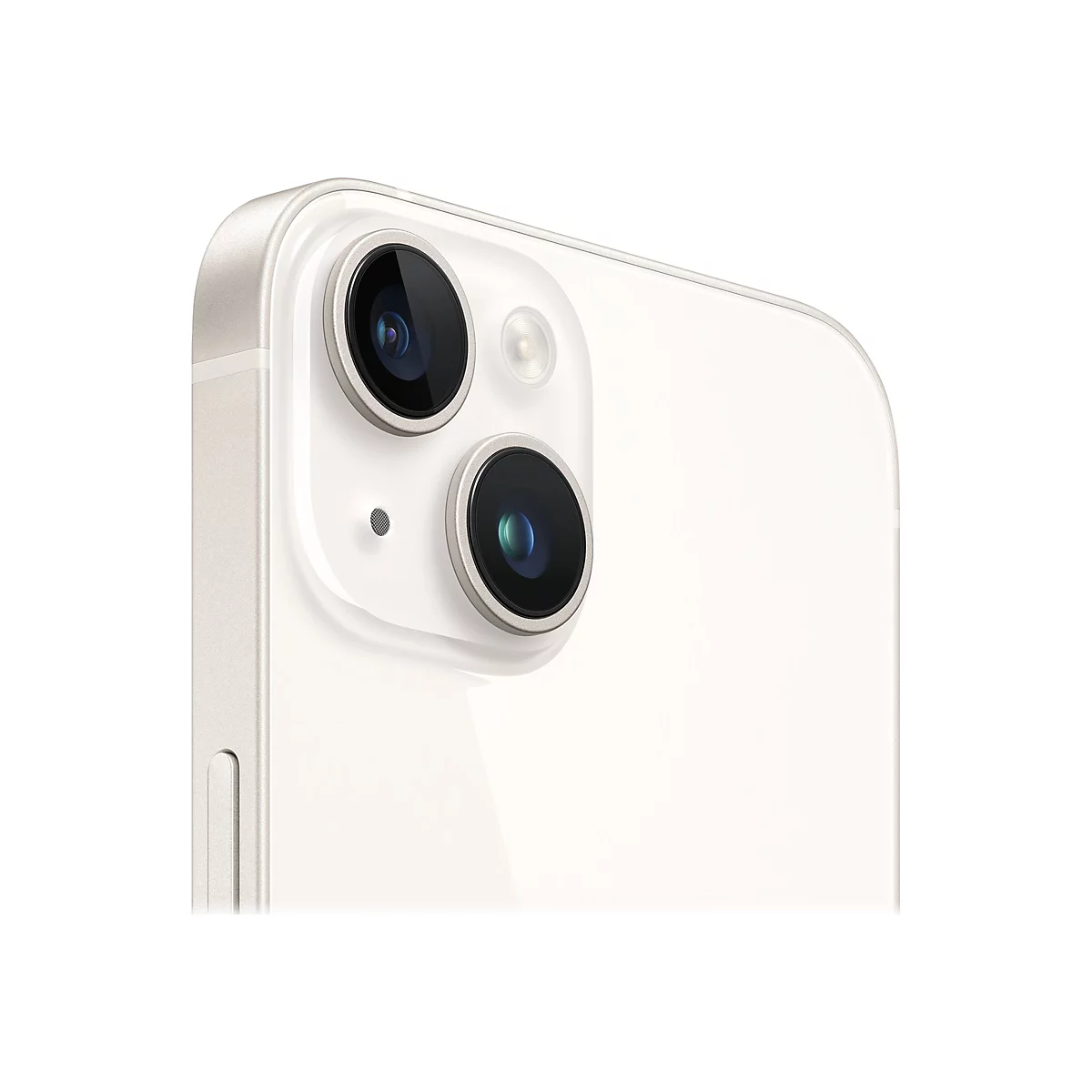 Nahaufnahme des Kamera-Moduls eines weißen Smartphones mit zwei Objektiven und einem Blitz.