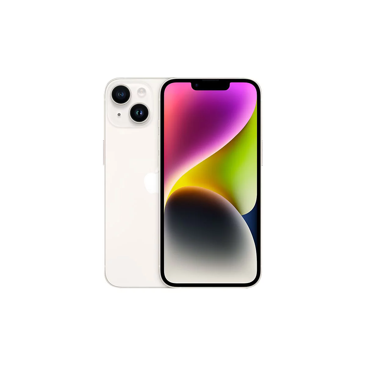 Hellweißes iPhone 14, Vorder- und Rückseite, auf weißem Hintergrund. Auf dem Display bunte abstrakte Formen.