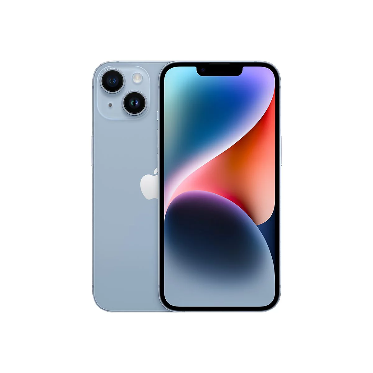 Hellblaues iPhone 14 Pro, Vorder- und Rückseite, auf weißem Hintergrund. Auf dem Display ist ein abstraktes farbenfrohes Design zu sehen.