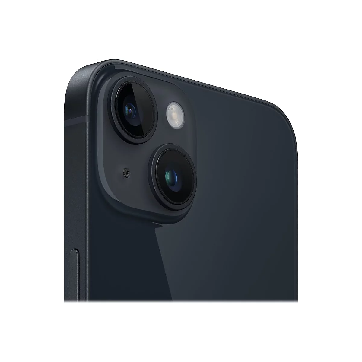 Nahaufnahme der Rückseite eines schwarzen Smartphones mit Kameraobjektiven und Blitzlicht.