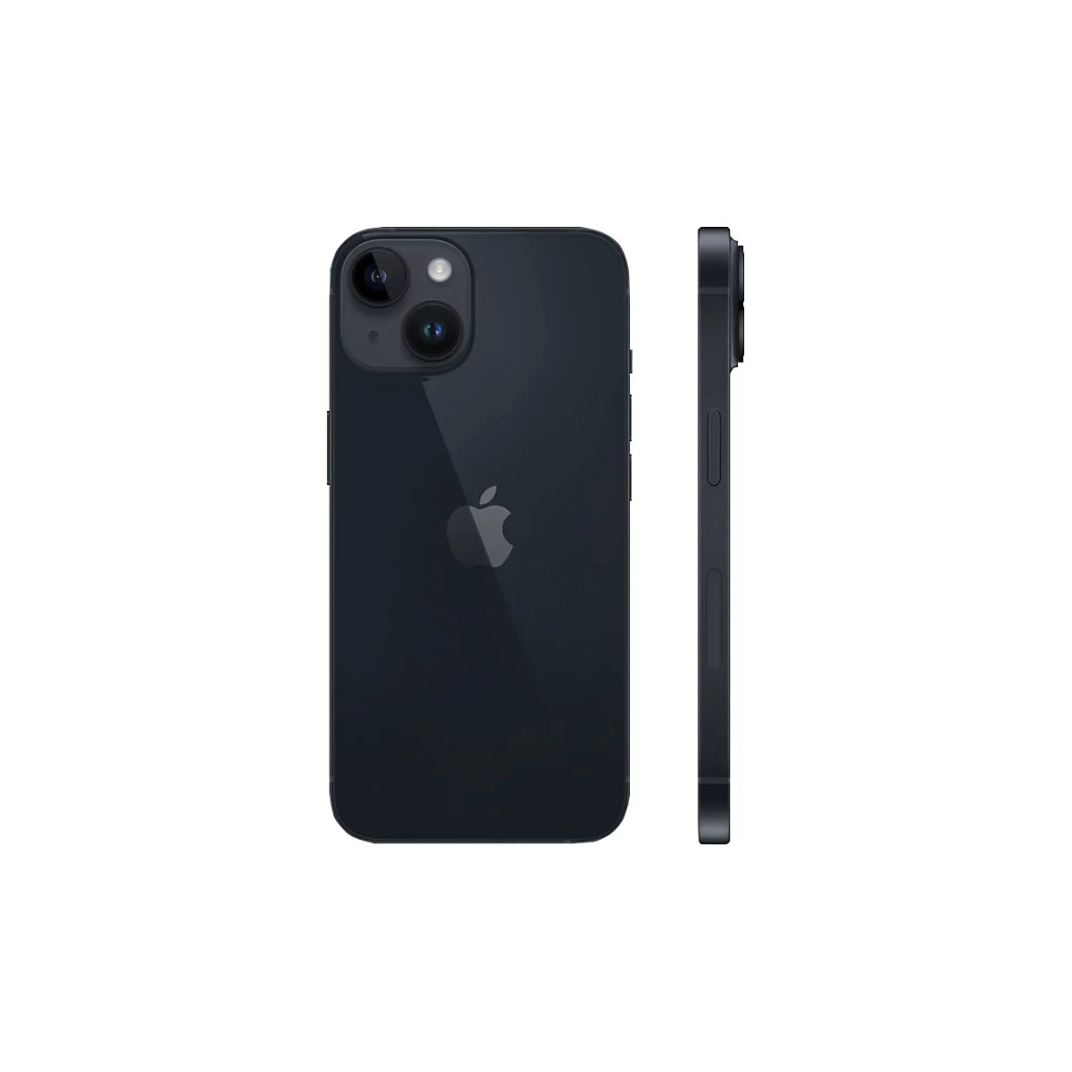 Dunkelblaues iPhone von hinten und der Seite. Doppelkameralinsen, Apple Logo, Knöpfe.