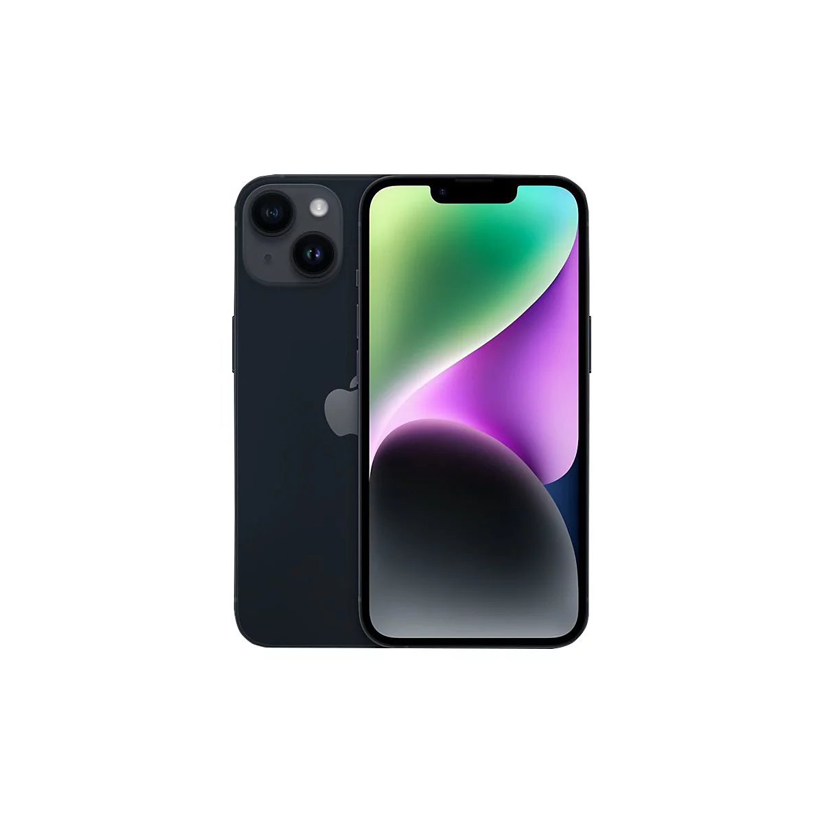 Dunkelblaues iPhone 14, vorne und hinten gezeigt, mit Apple-Logo. Das Display zeigt ein abstraktes Farbspiel.