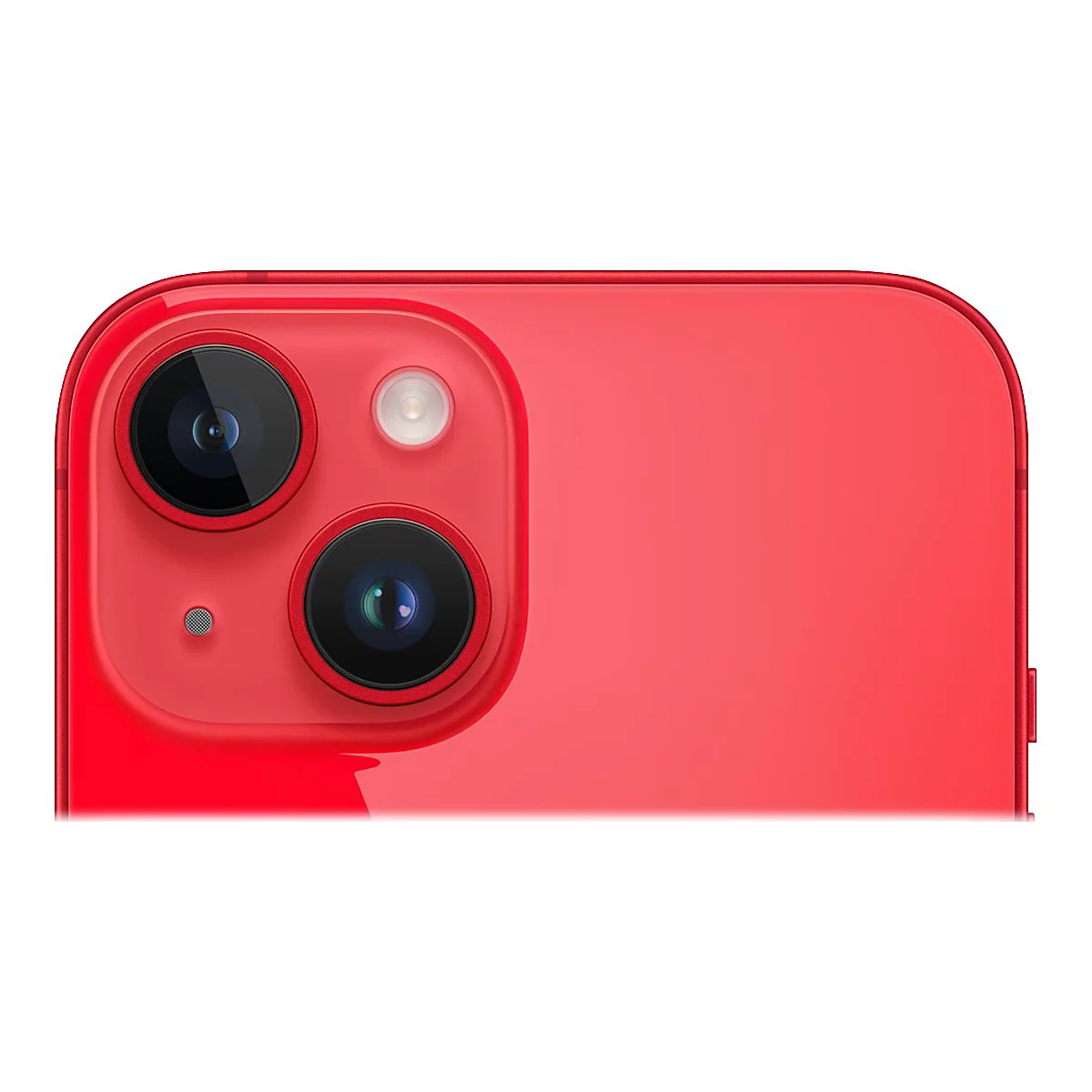 Nahaufnahme der roten Rückseite eines Smartphones. Zwei schwarze Kameralinsen, ein Blitz und ein Mikrofon sind deutlich sichtbar.