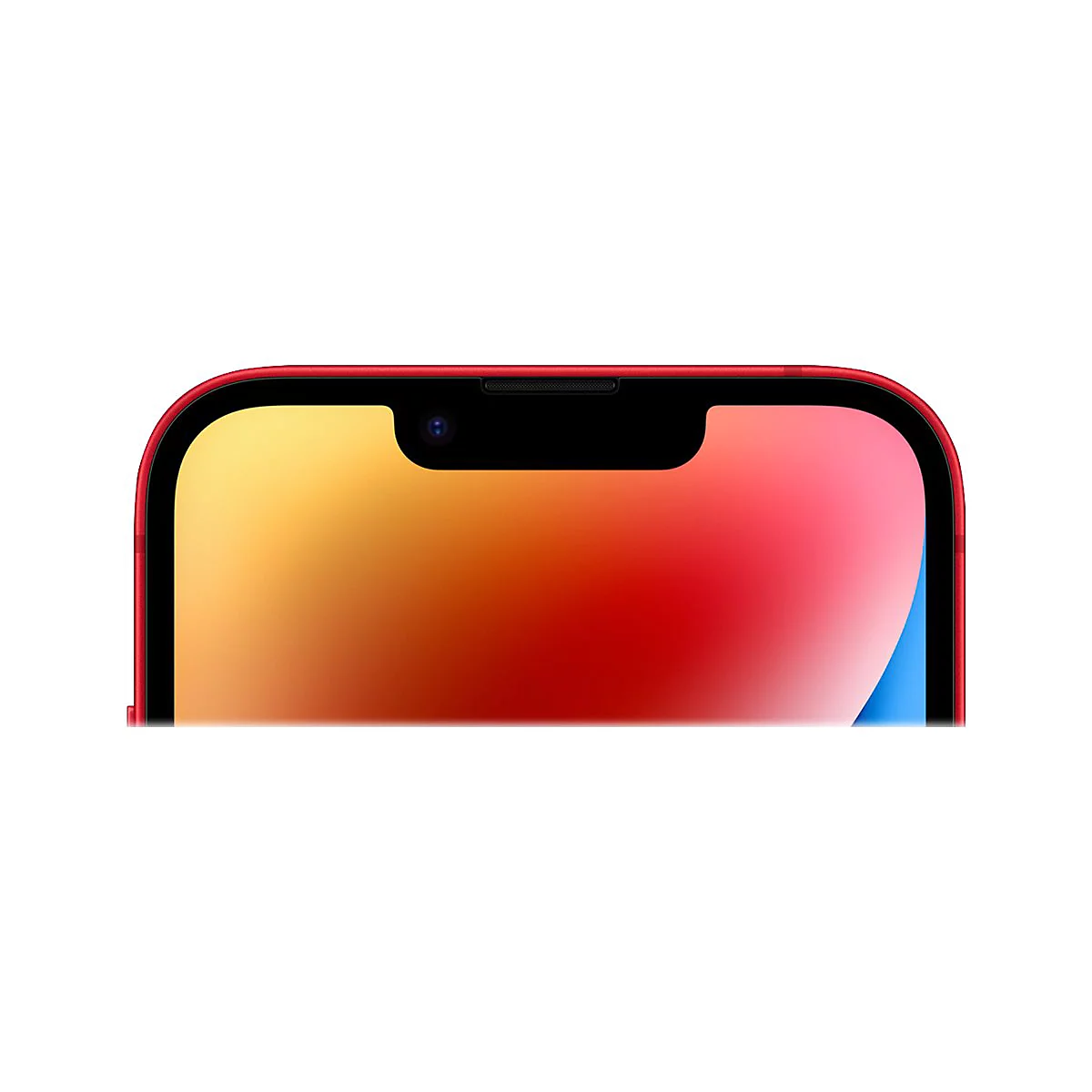 Nahaufnahme eines roten Smartphones. Der obere Rand zeigt die Frontkamera und den Bildschirm mit Farbverlauf von Gelb nach Rot.