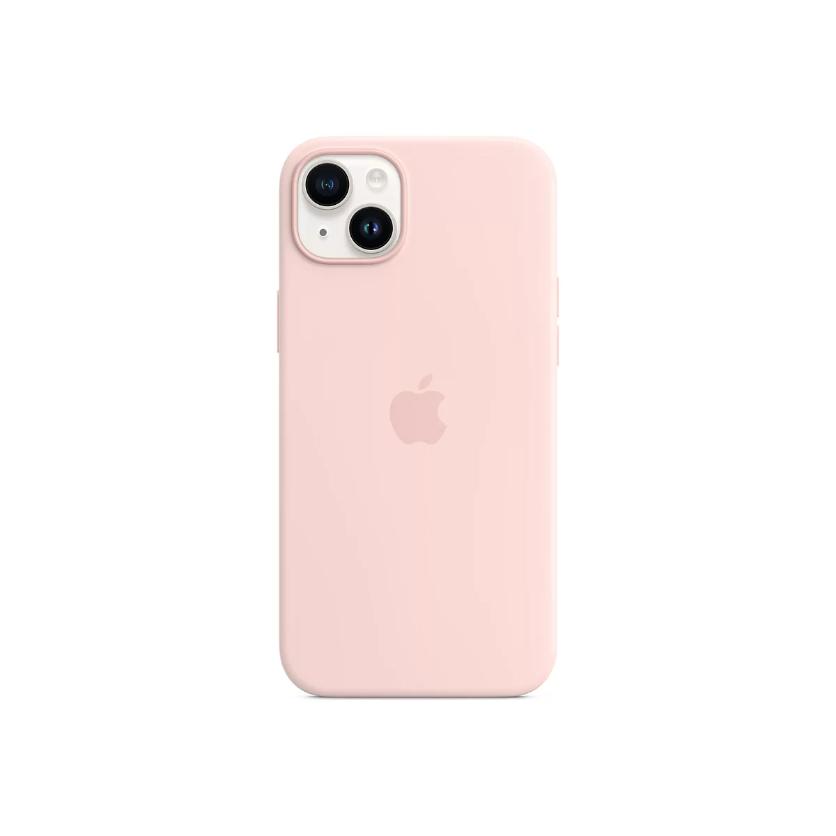 Coque d'iPhone rose clair avec logo Apple sur fond blanc.