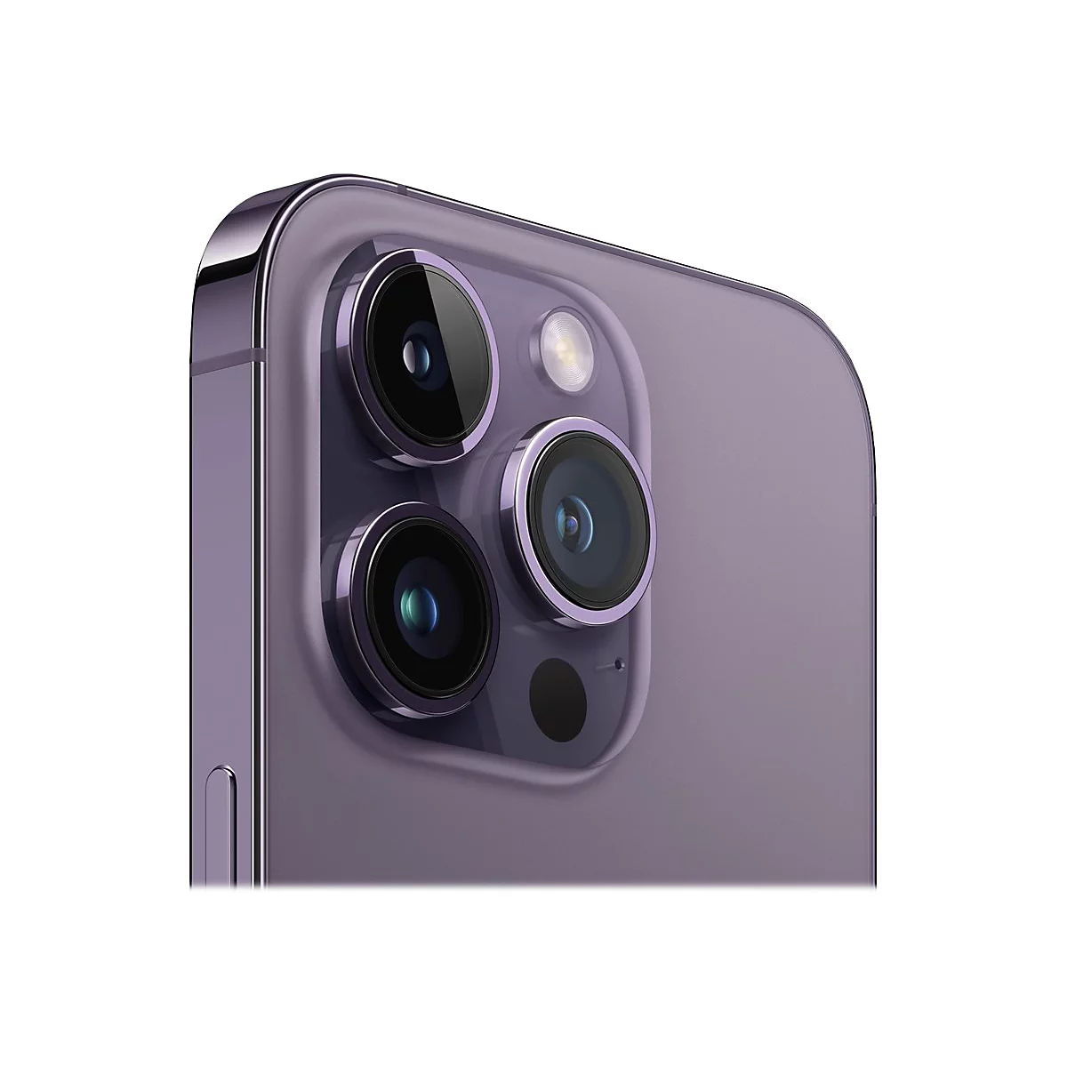 Nahaufnahme der Rückseite eines violetten Smartphones. Drei Kameralinsen und ein Blitz sind deutlich sichtbar.