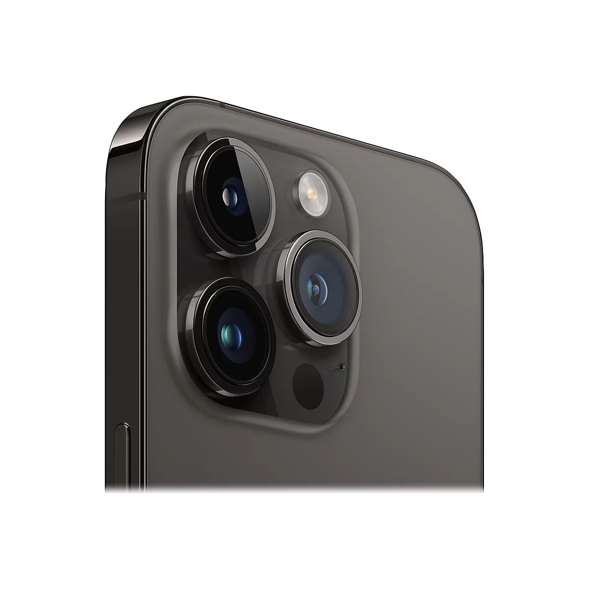 Nahaufnahme der Rückseite eines schwarzen iPhones, mit drei Linsen und einem Blitz.