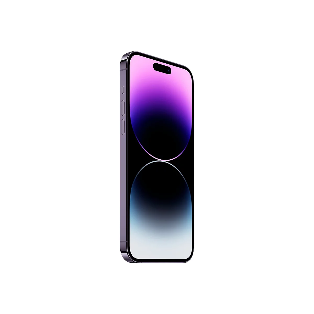 Ein iPhone 14 Pro in lila, das von der Seite vor weißem Hintergrund abgebildet ist. Das Display zeigt eine violett-schwarze Farbverlaufsdarstellung.