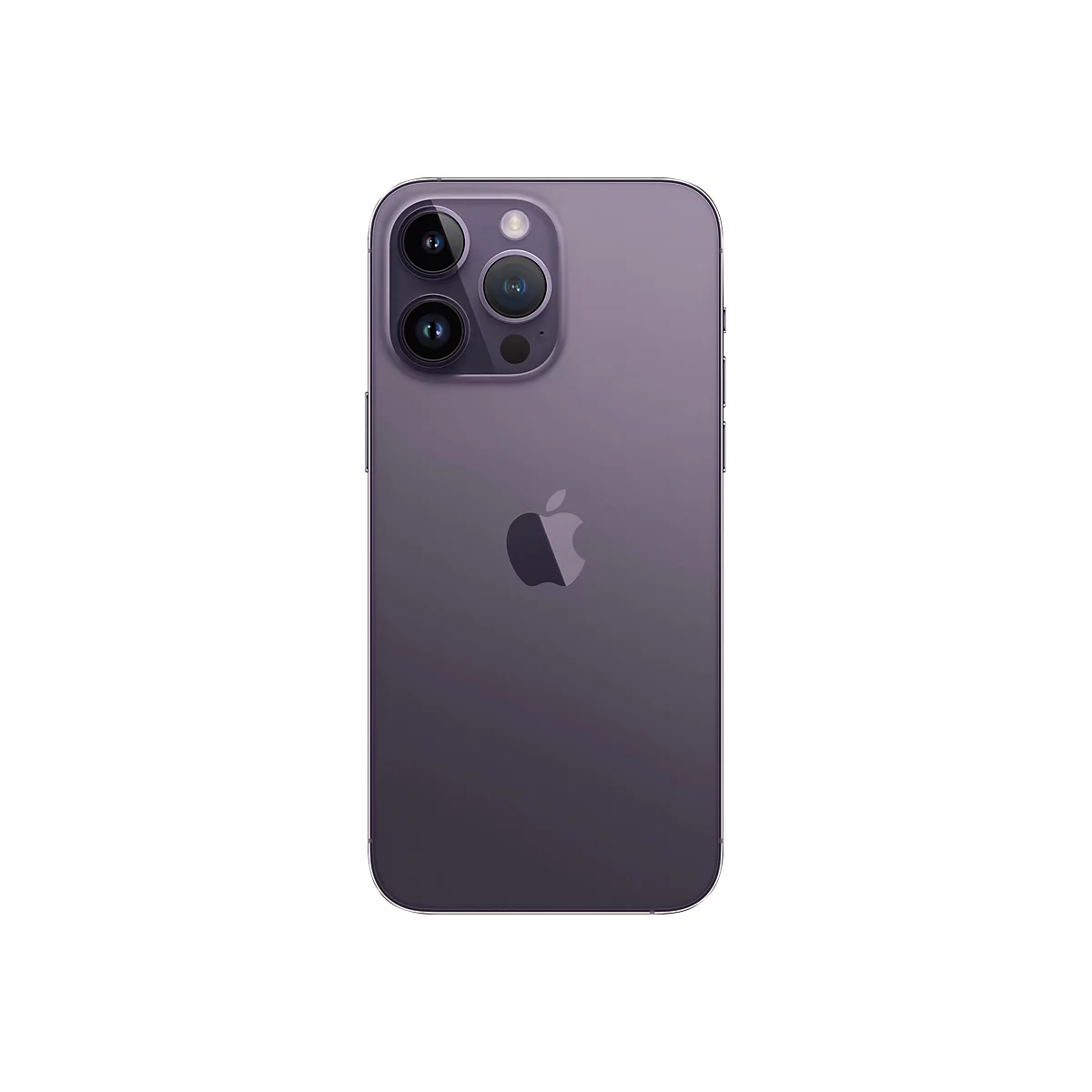 Rückseite eines lila iPhones mit drei Kameras und einem Apfel-Logo.