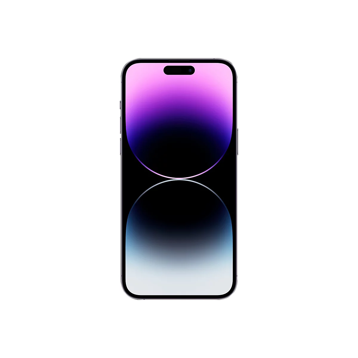 Ein Smartphone, das aufrecht steht. Auf dem Bildschirm sind Farbverläufe in Lila, Schwarz und Blau zu sehen.