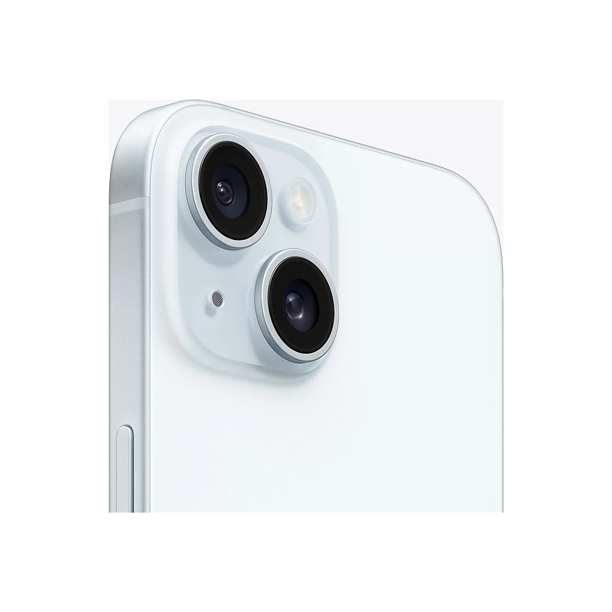 Gros plan de l'appareil photo d'un smartphone blanc avec deux objectifs, un flash et un microphone.