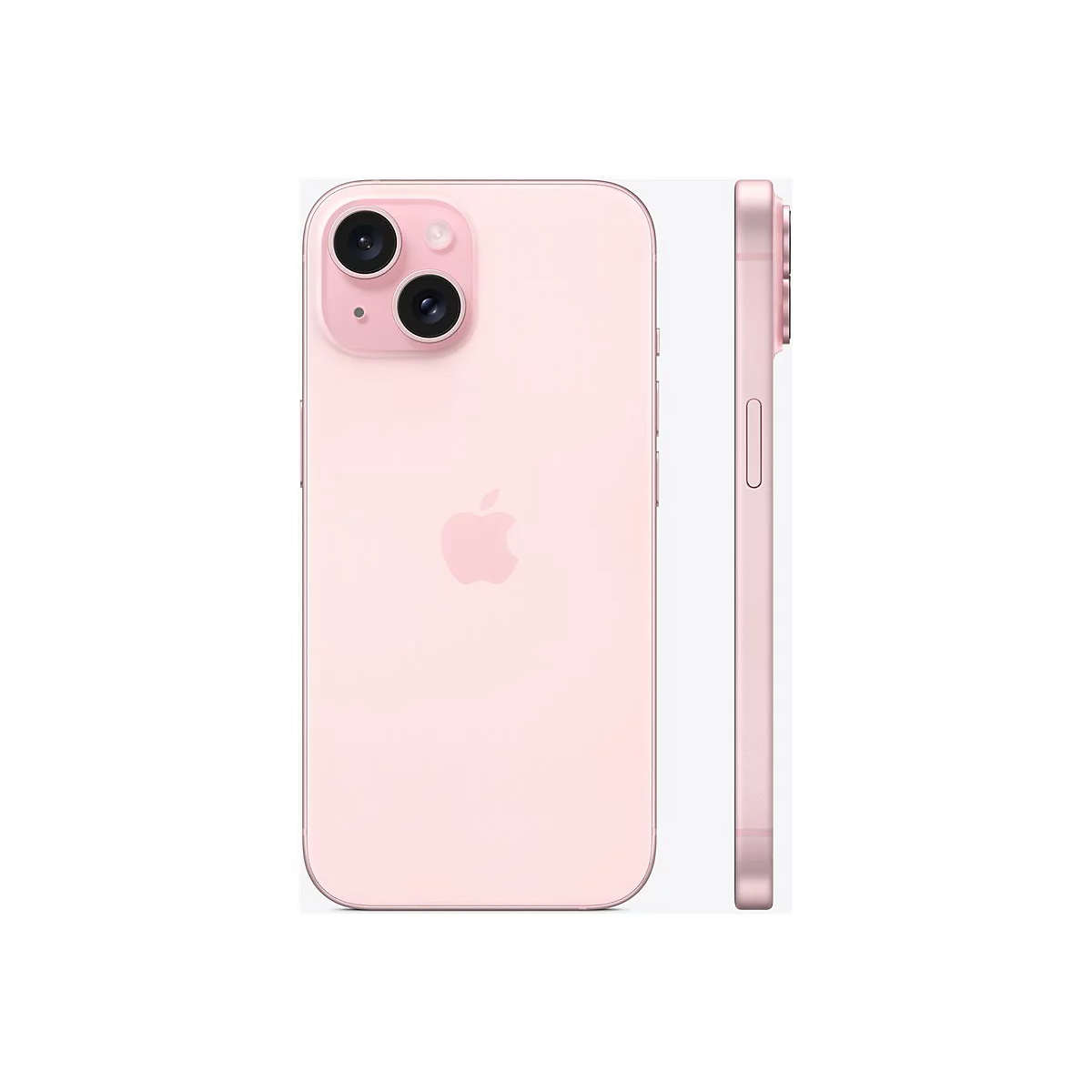 iPhone 13 rose clair en deux vues : dos et côté. Le dos montre deux caméras et le logo Apple.
