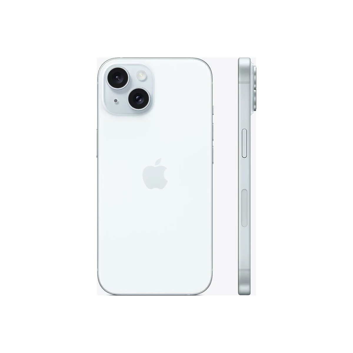 Hellblaues iPhone 14. Auf der Rückseite zwei Kameras und das Apple Logo, daneben die Seitenansicht.