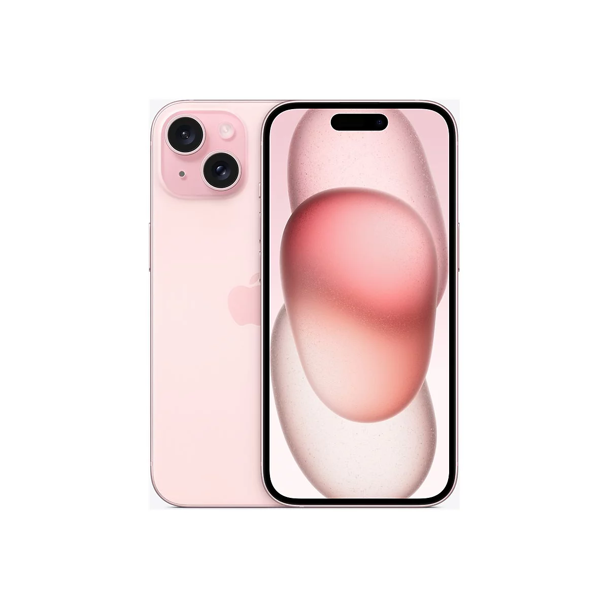 Hellrosa Smartphone, Vorder- und Rückseite, auf weißem Hintergrund. Dual-Kamera hinten, Display mit rosa Hintergrund.