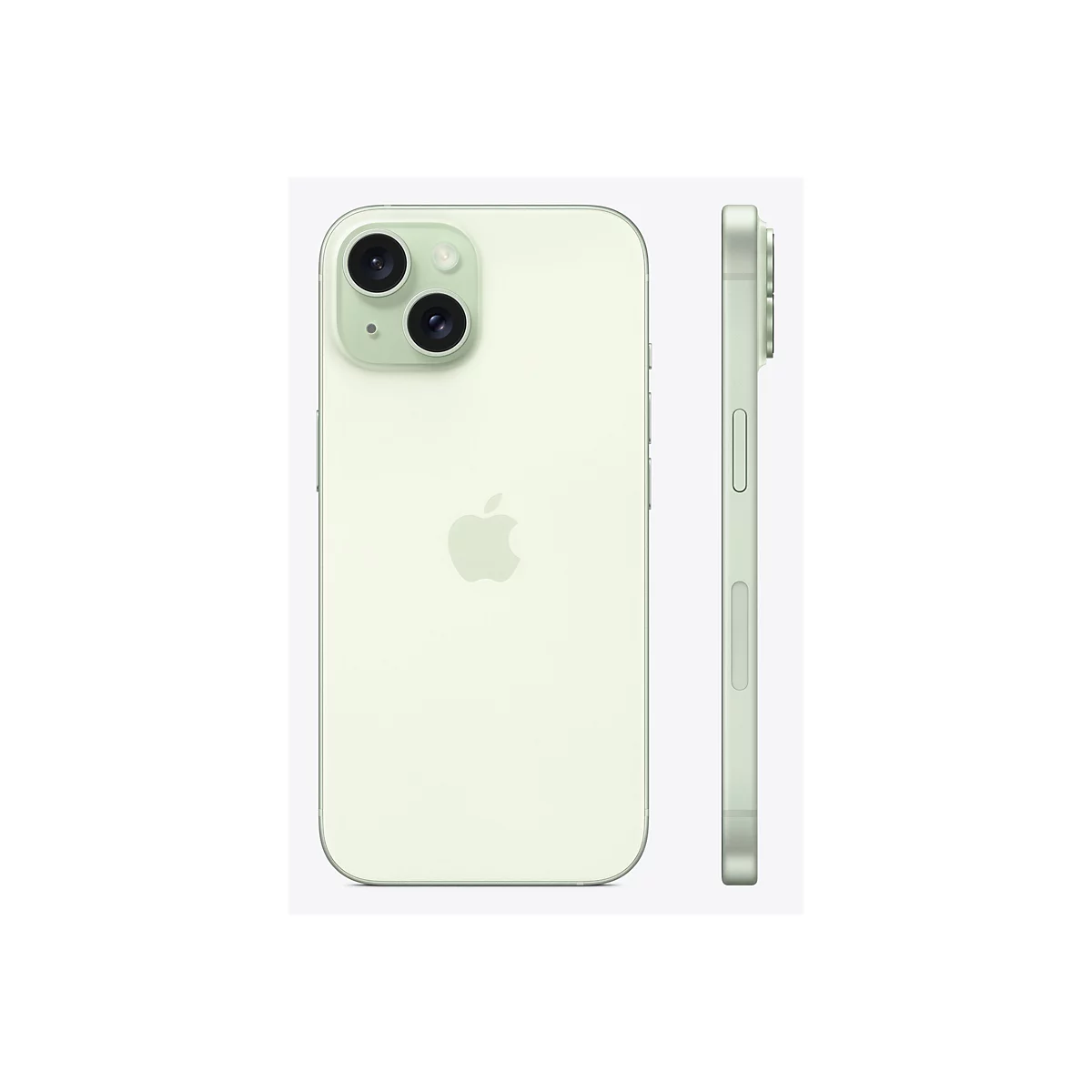 Hellgrünes iPhone, Rückseite und Seite, mit Kamera und Apple-Logo.