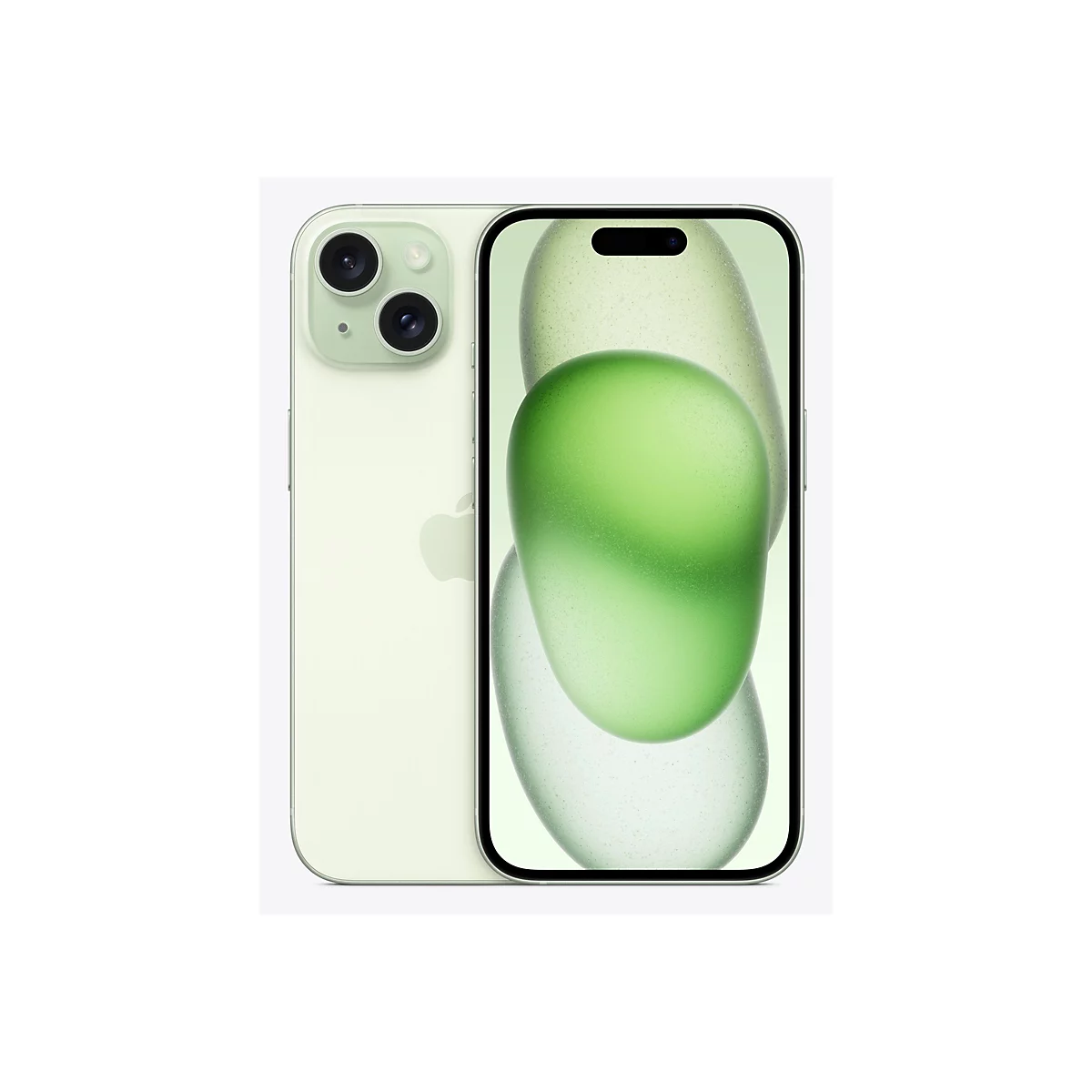 Hellgrünes iPhone, Rückseite und Bildschirmseite, vor weißem Hintergrund. Der Bildschirm zeigt ein grünes abstraktes Muster.