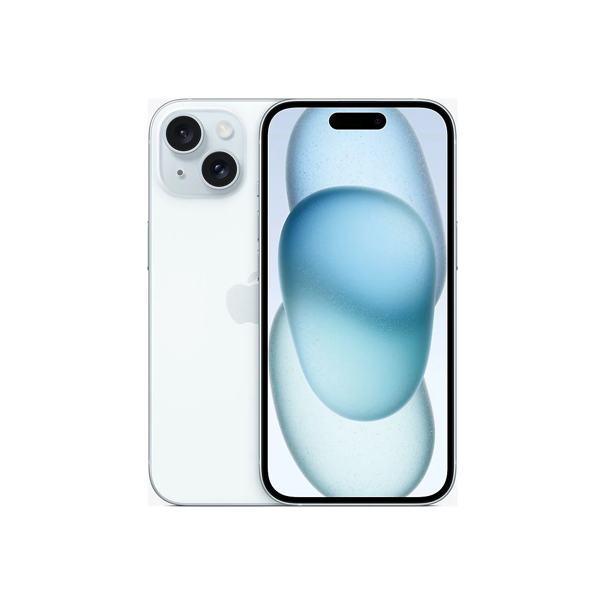 Ein weißes iPhone, Rückseite und Displayansicht, vor weißem Hintergrund. Das Display zeigt blau-transparente Formen.