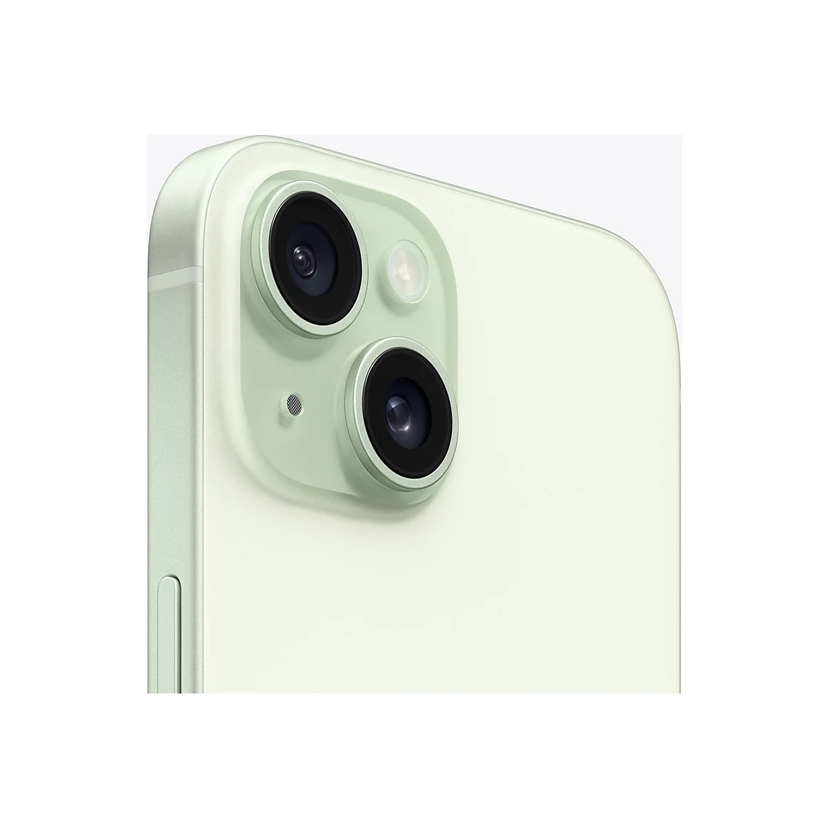 Nahaufnahme der Kamera eines hellgrünen Smartphones. Zwei Linsen, Blitz und Mikrofon sind zu sehen.