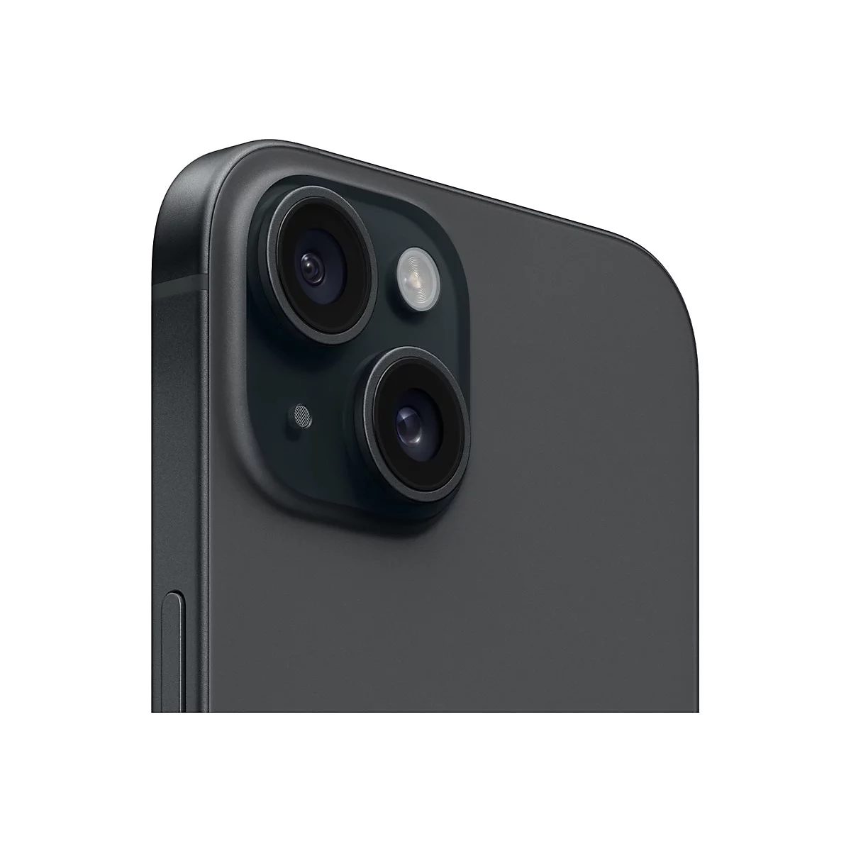 Nahaufnahme der schwarzen iPhone-Kamera. Zwei Linsen, ein Blitz und ein Mikrofon sind zu sehen.