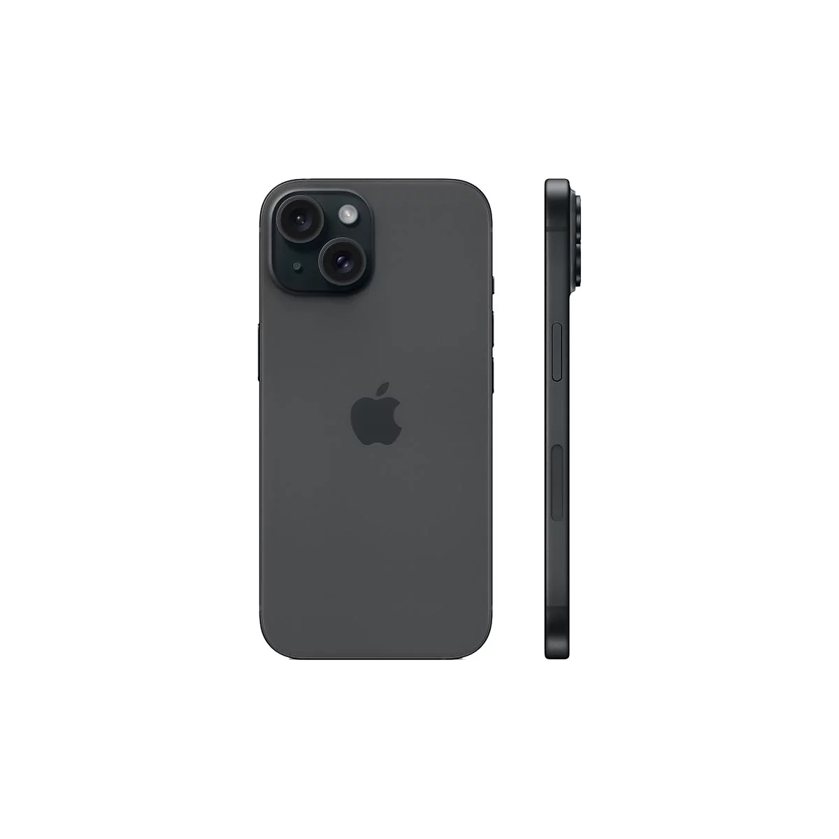Dunkelgraues Smartphone mit Apple-Logo. Zwei Kameras, Seitenansicht.