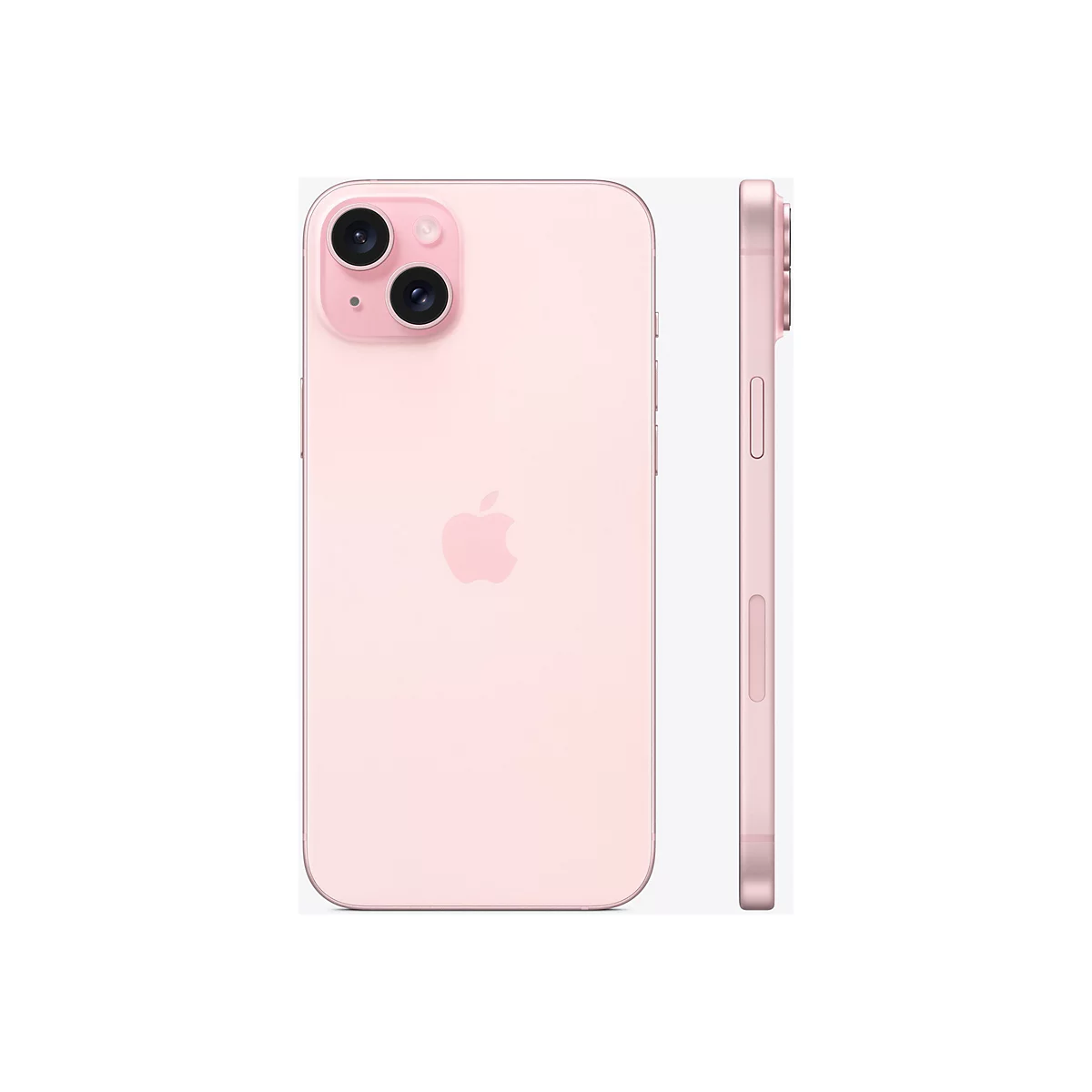 Hellrosa iPhone 13; Vorder- und Seitenansicht. Rückseite mit Apple-Logo. Zwei Kameralinsen und Blitz.