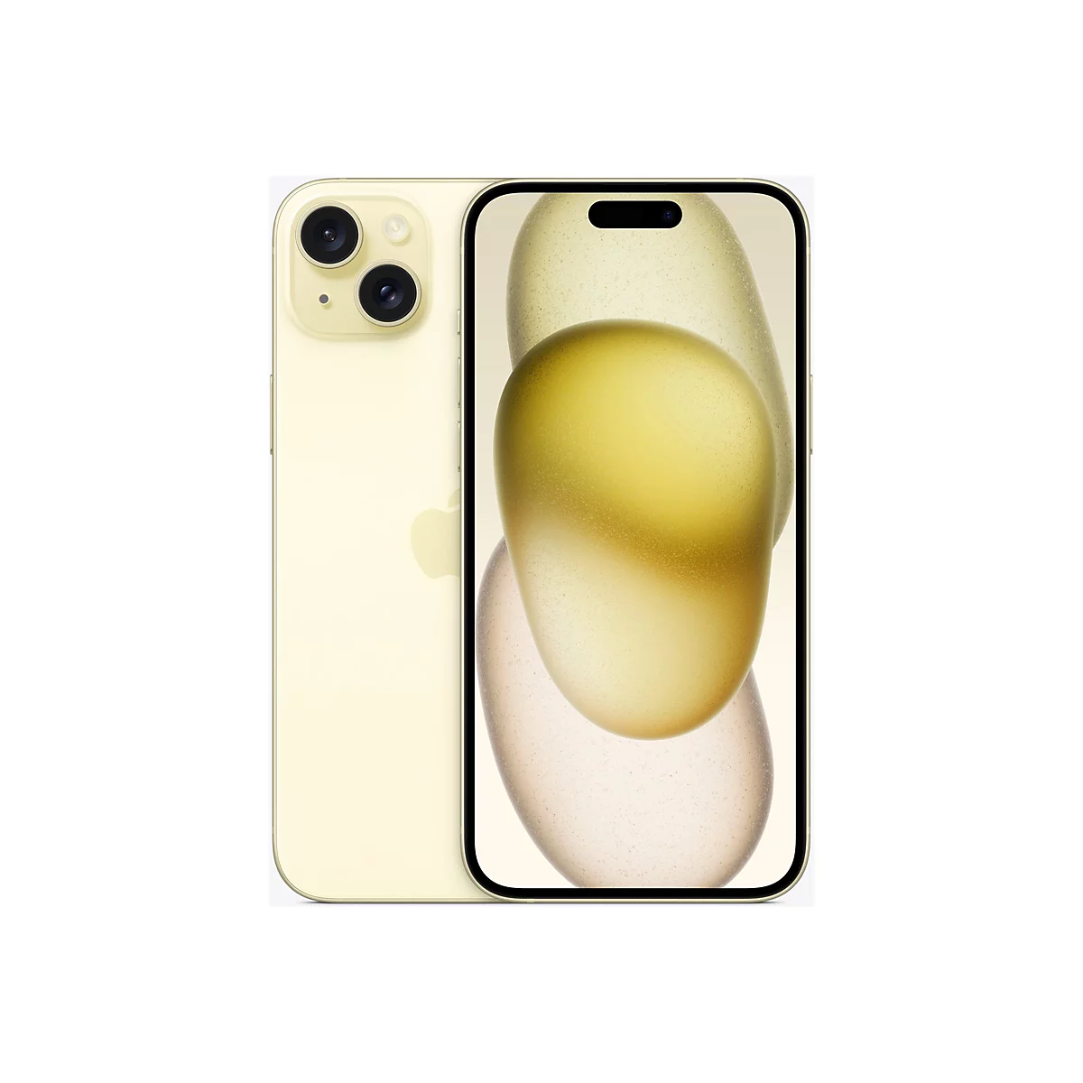 Hellgelbes iPhone mit dualer Kamera, daneben das Display mit abstrakter Grafik.