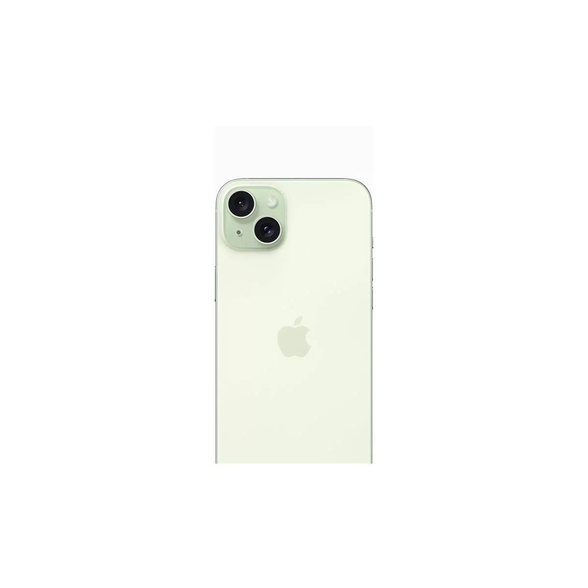 Hellgrünes iPhone, Rückseite. Doppelkameralinsen, Apple Logo. Der Hintergrund ist weiß.