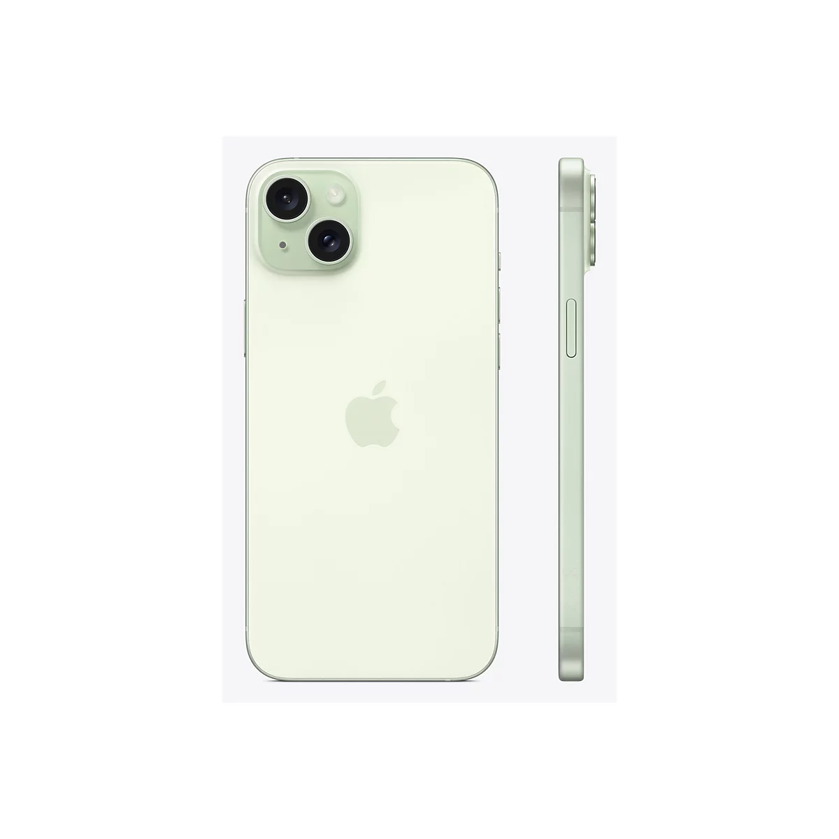 Hellgrünes iPhone, Rückseite und Profilansicht. Auf der Rückseite ist das Apple-Logo zu sehen, sowie zwei Kameras.