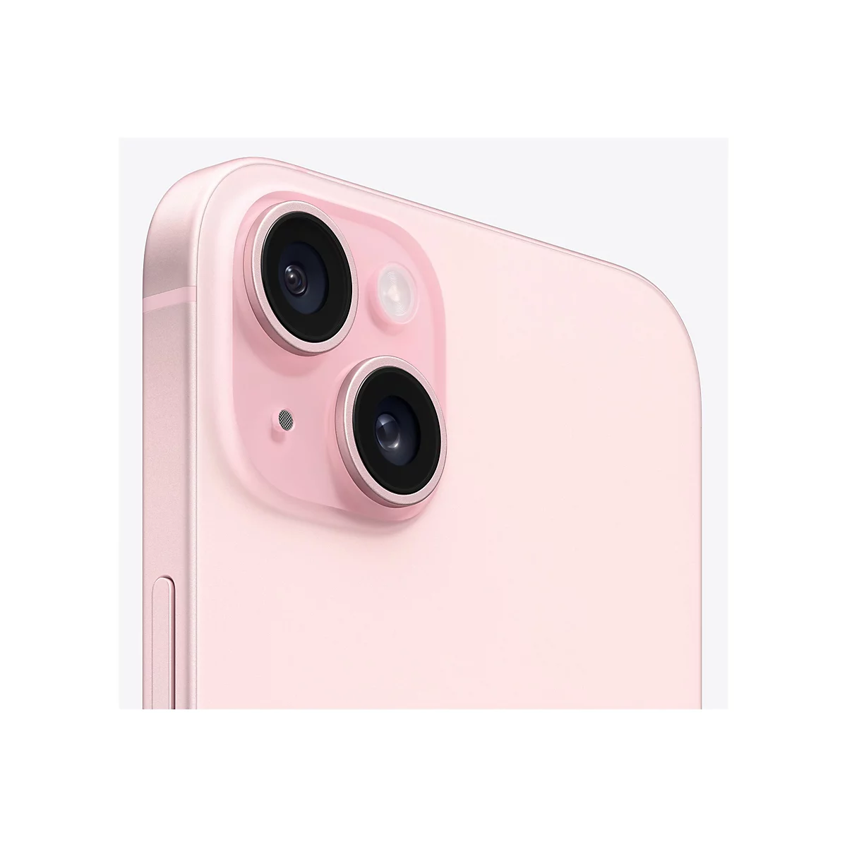 Nahaufnahme der Kamera eines rosa Smartphones, zwei schwarze Objektive, ein Blitz und ein Mikrofongitter.
