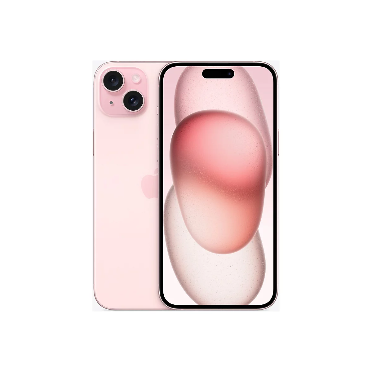 Ein rosafarbenes Smartphone, das von hinten und von vorne gezeigt wird, wobei das Display ein abstraktes rosa Design zeigt.