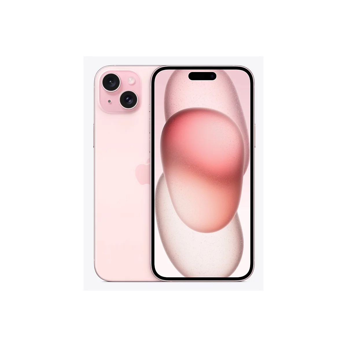 Hellrosa iPhone 14 Pro, Vorder- und Rückseite, auf weißem Hintergrund. Die Rückseite zeigt Kameras, die Vorderseite ein abstraktes Muster.