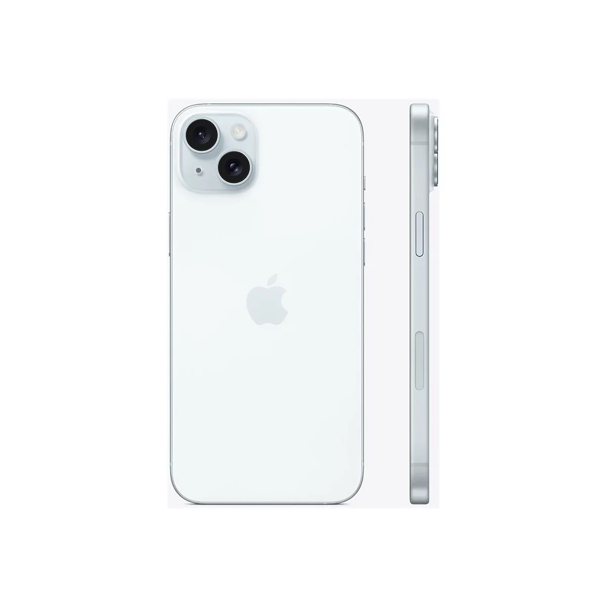 Ein weißes iPhone 14, Rückseite und Seite, auf weißem Hintergrund. Zwei Kameras, Apple-Logo.
