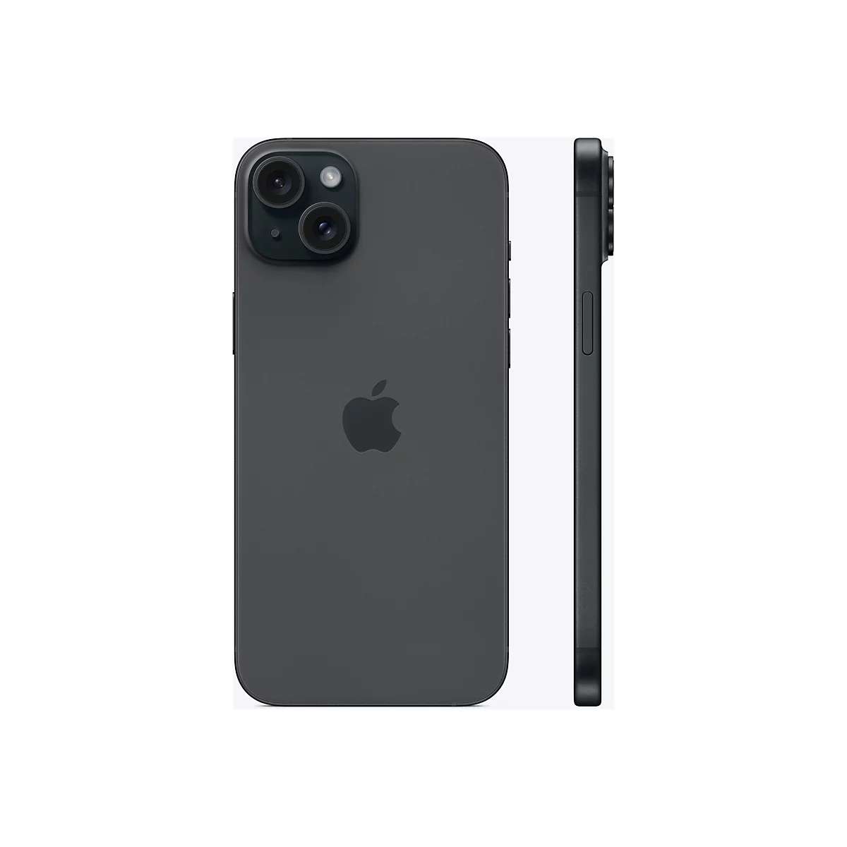 Dunkelgraues iPhone mit zwei Kameras, Apple-Logo und Seitentasten. Auf weißem Hintergrund.