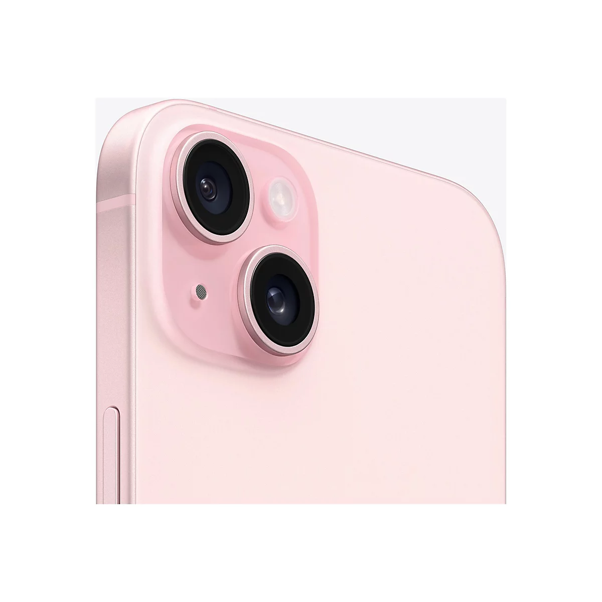 Nahaufnahme des rosafarbenen iPhone-Rückens. Zwei Kameras, Blende und Blitz sind deutlich zu sehen. 